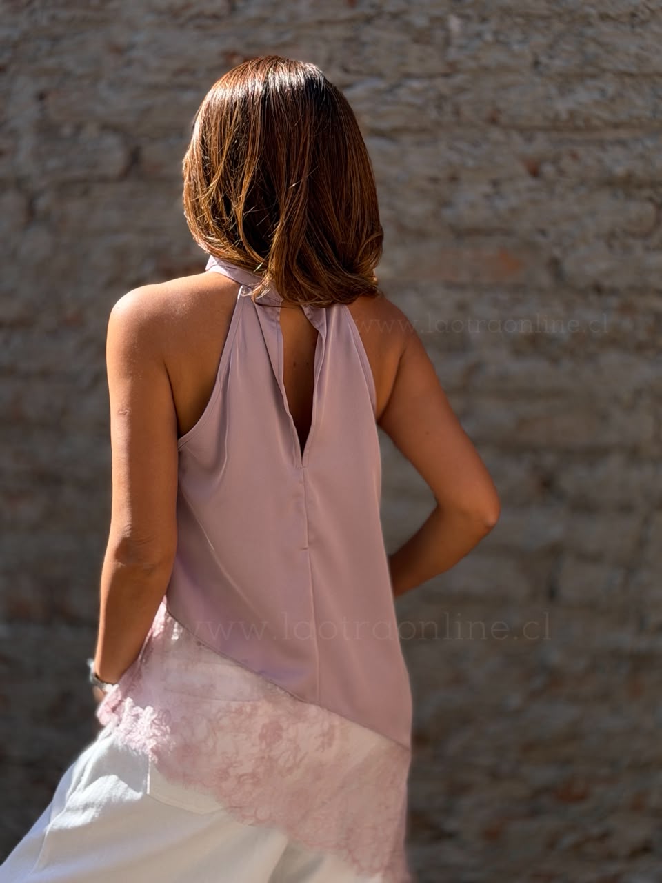 Polera Cuello halter encaje malva