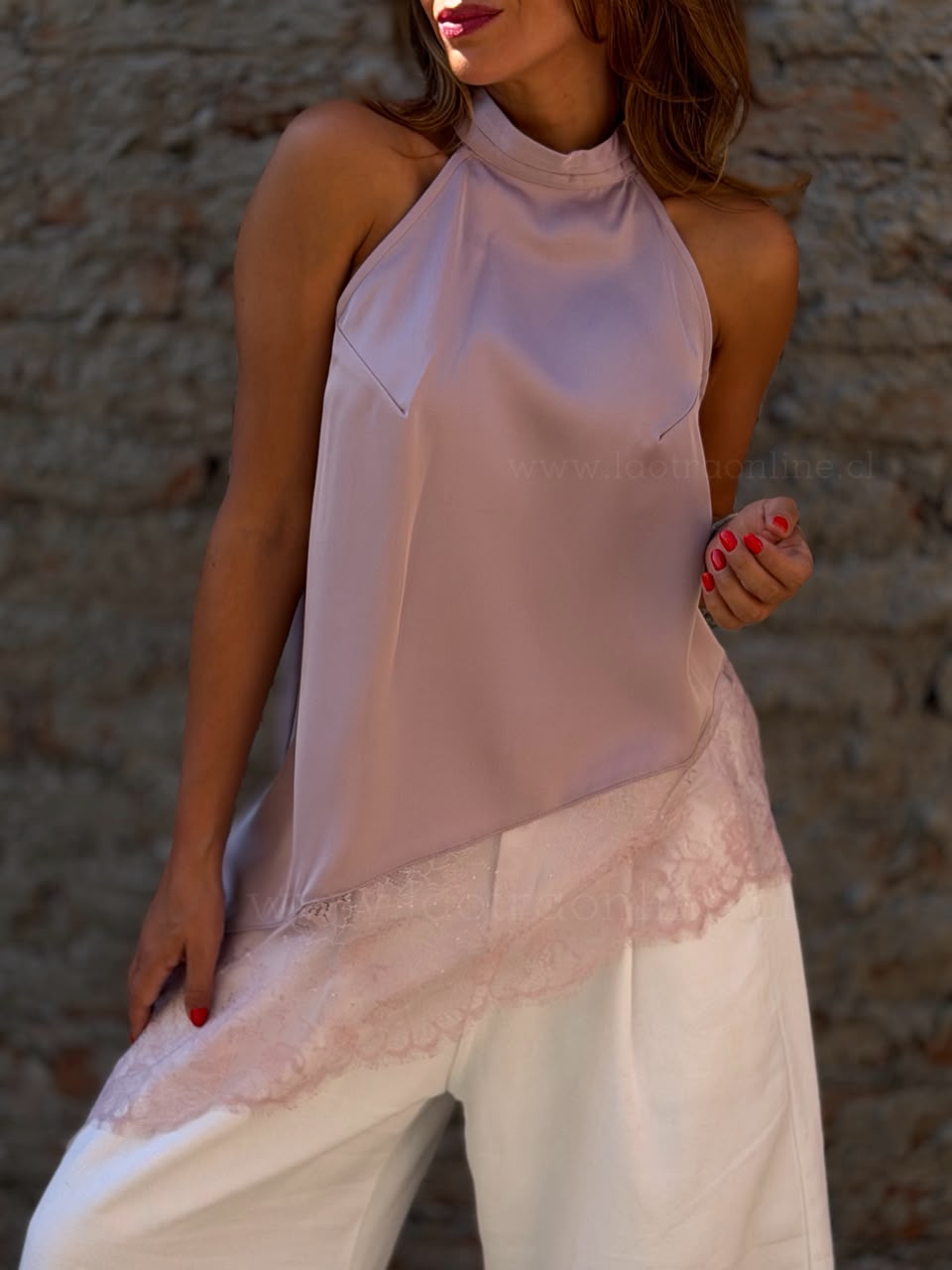 Polera Cuello halter encaje malva