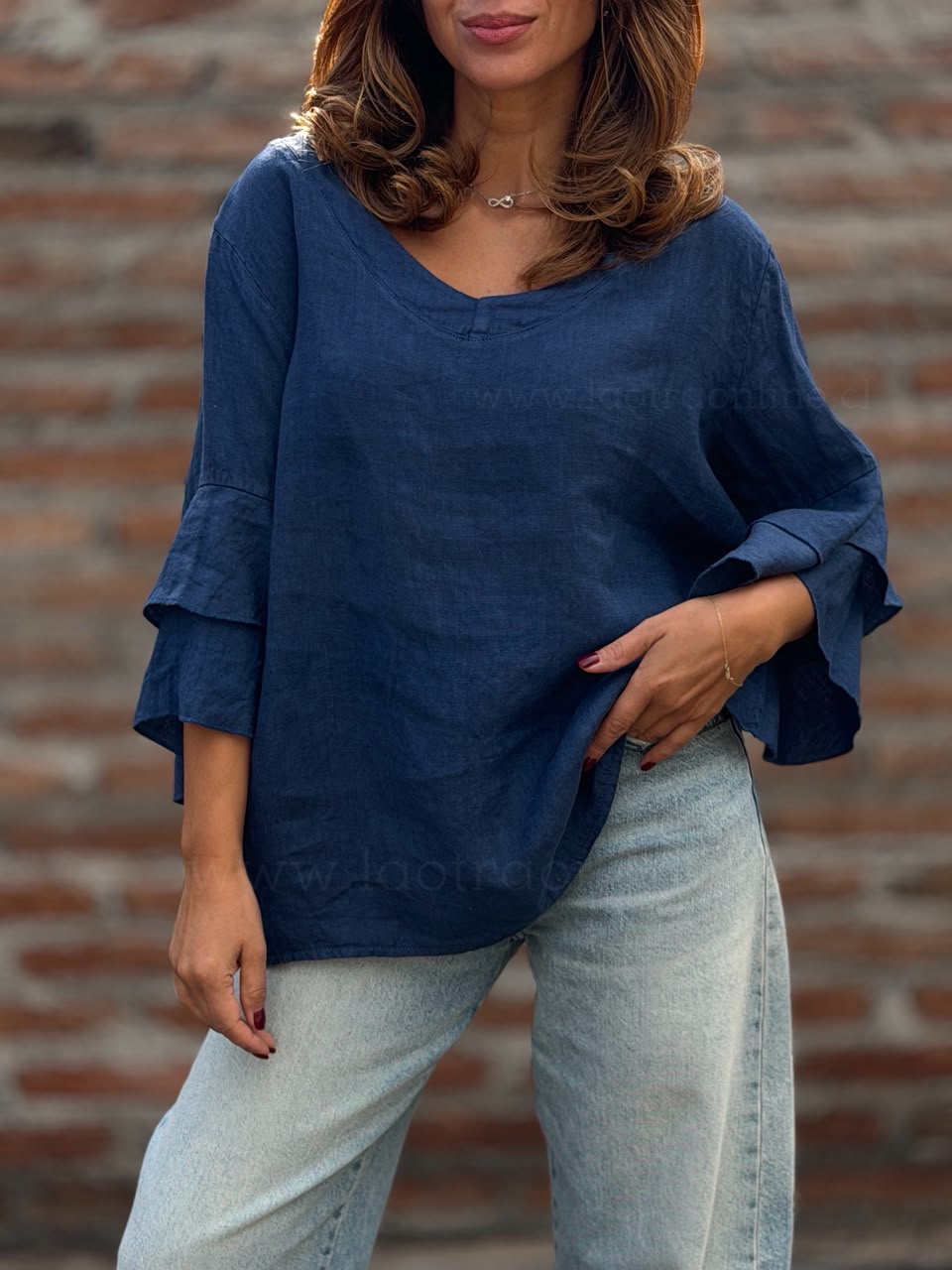 Polera Vuelos puro lino azul