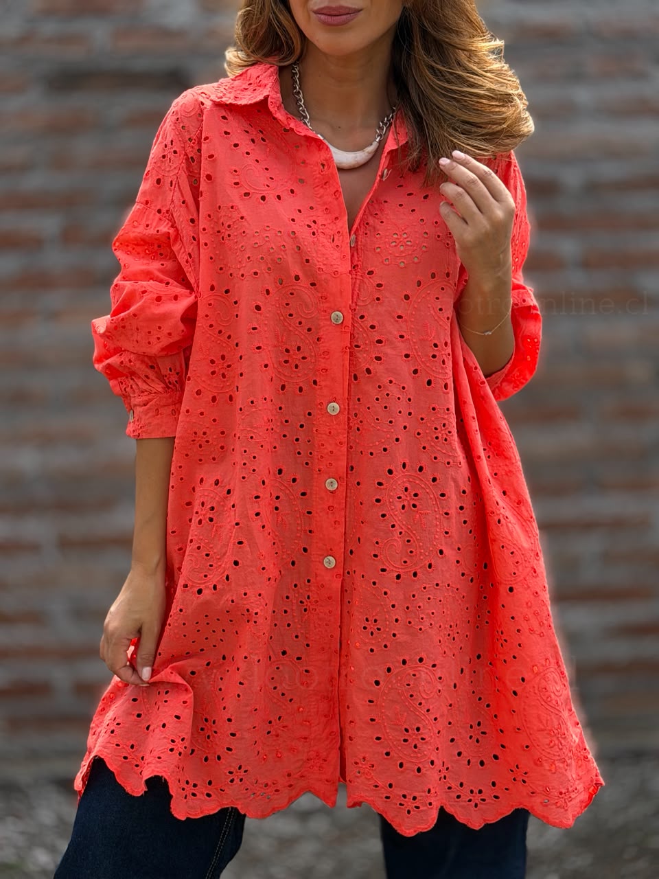 Blusón/Mini vestido Broderie coral