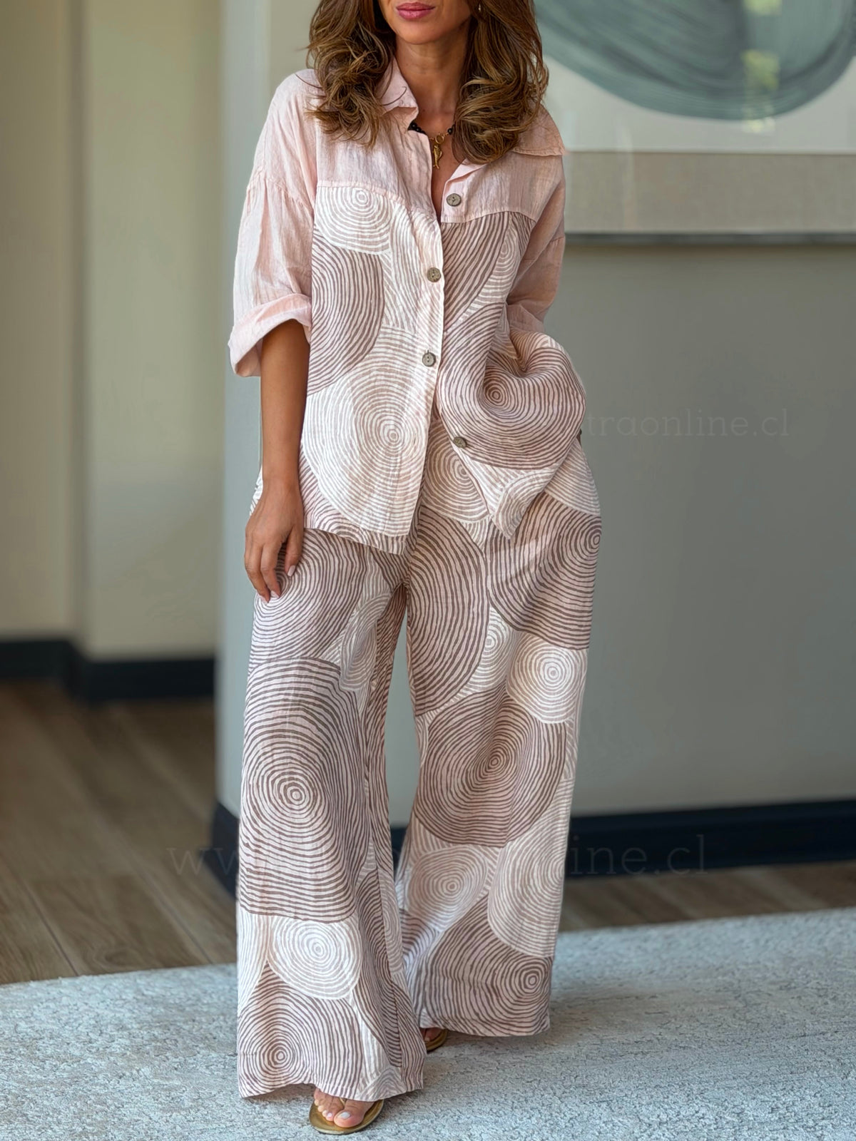 Pantalón 100%Lino nudos rosa