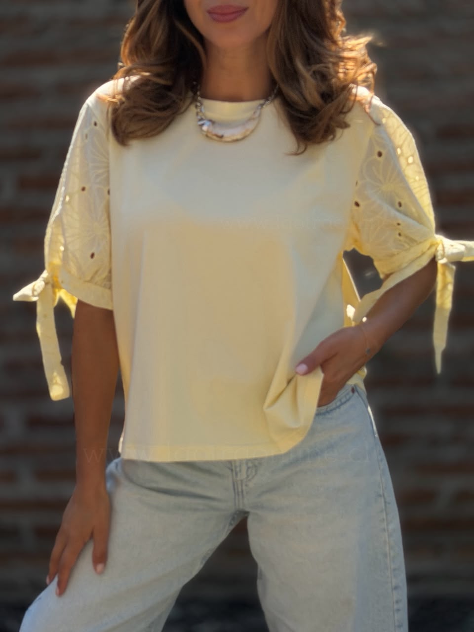Polera manga bordada amarillo