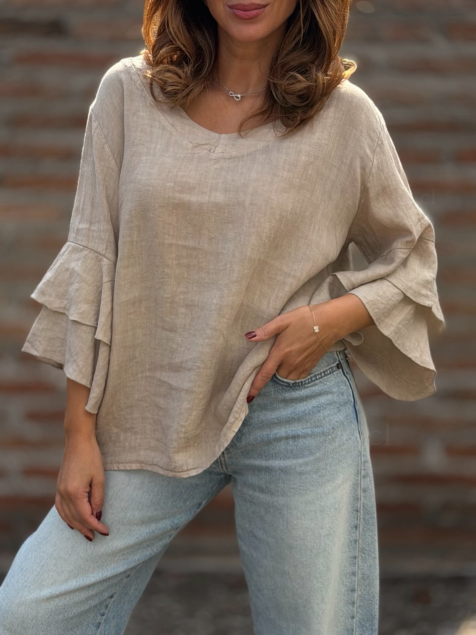 Polera Vuelos puro lino arena