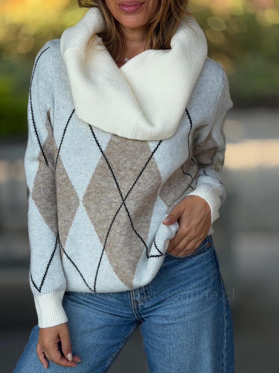 Sweater Cuello bote rombo crema
