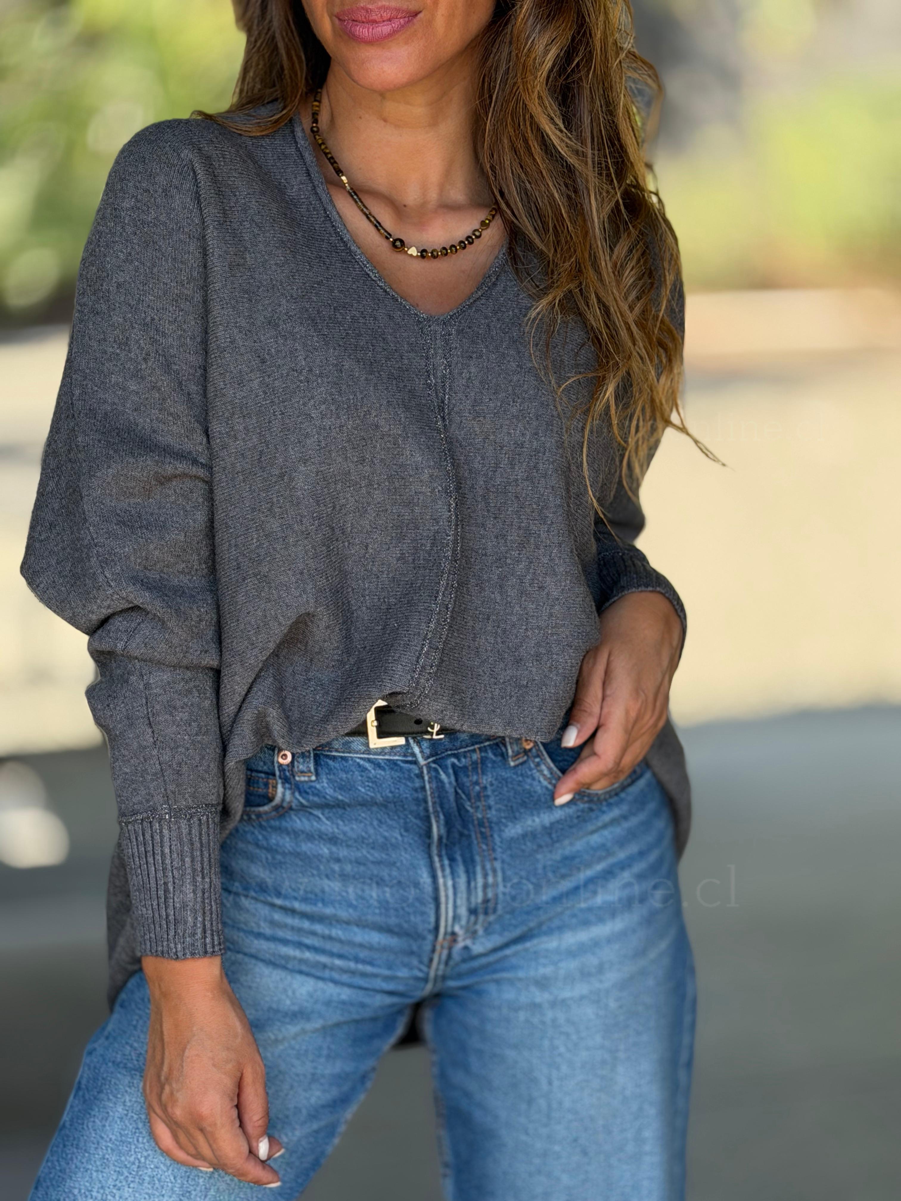 Sweater Cuello V hilo plata gris oscuro