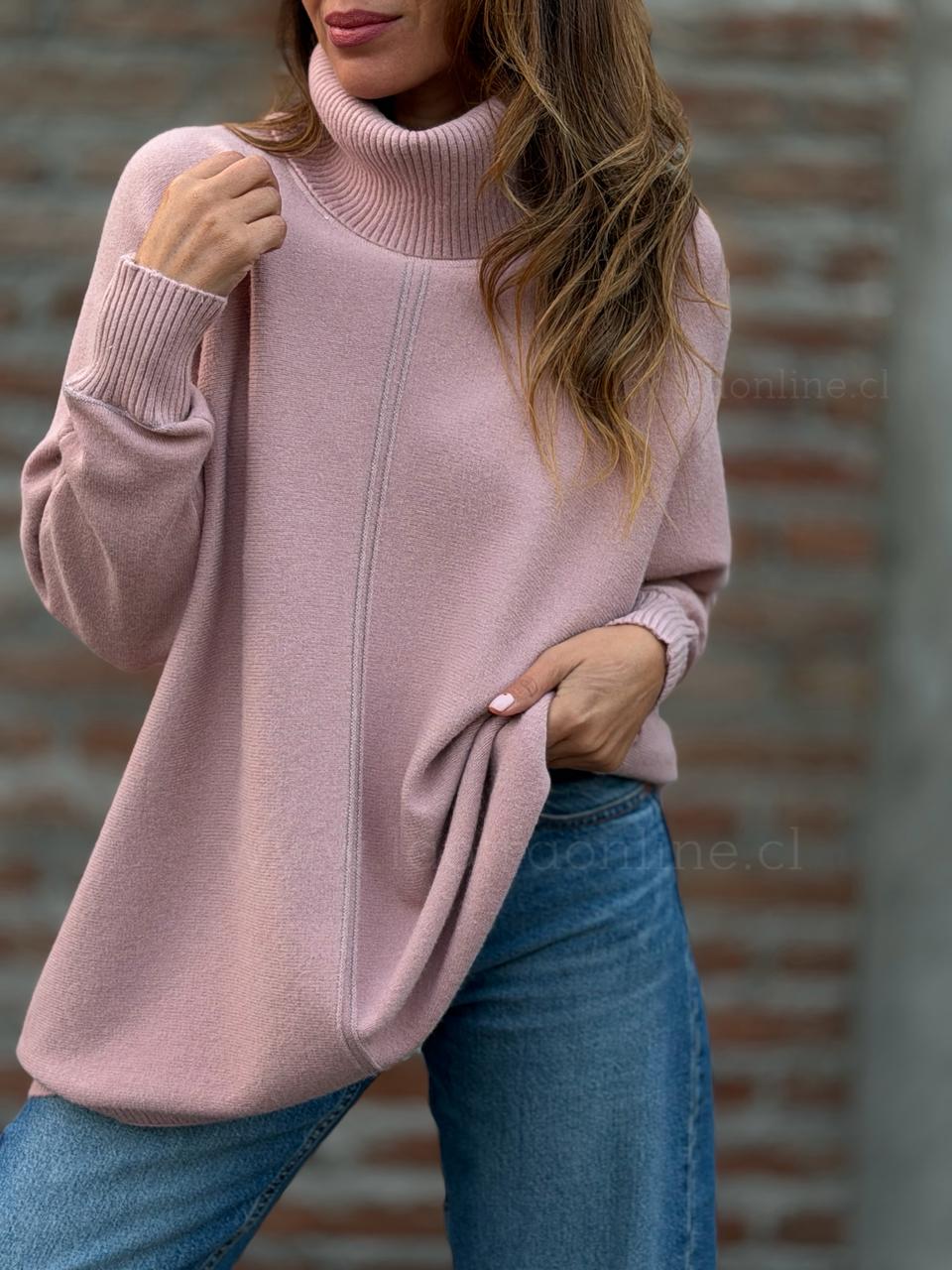 Sweater cuello alto hilo plata rosa