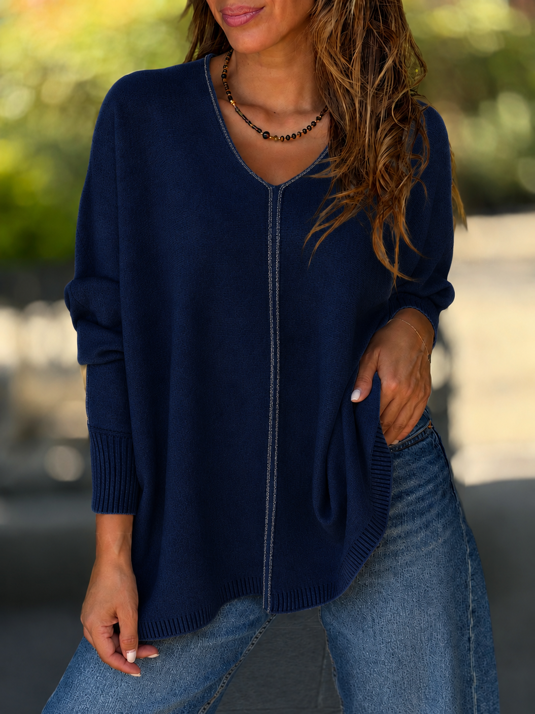 Sweater Cuello V hilo plata azul