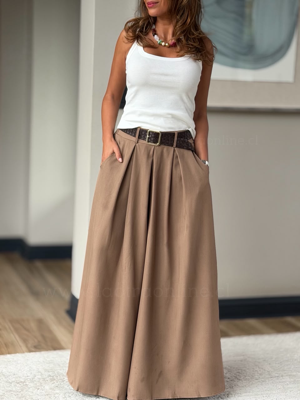 Pantalón Palazzo+cinturón trenza camel