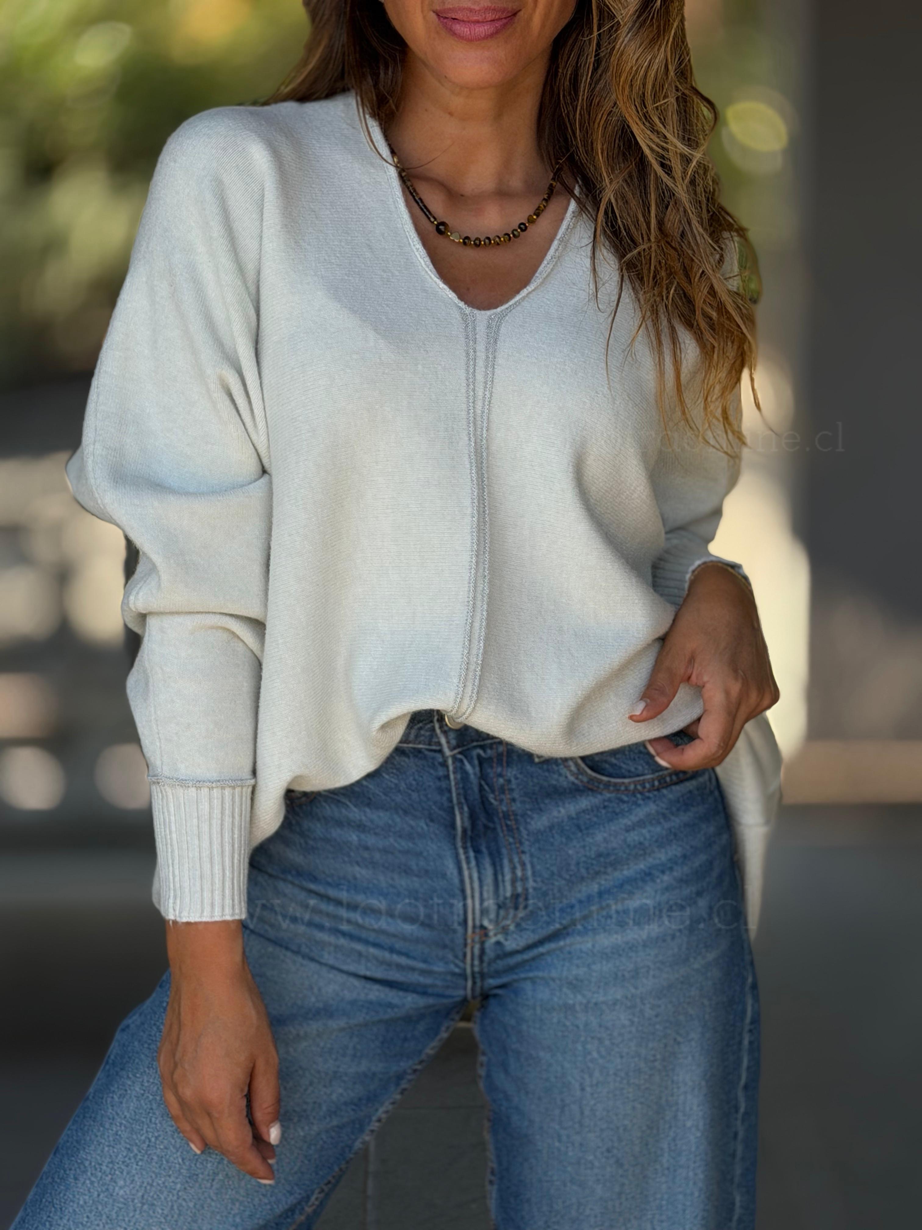 Sweater Cuello V hilo plata crema