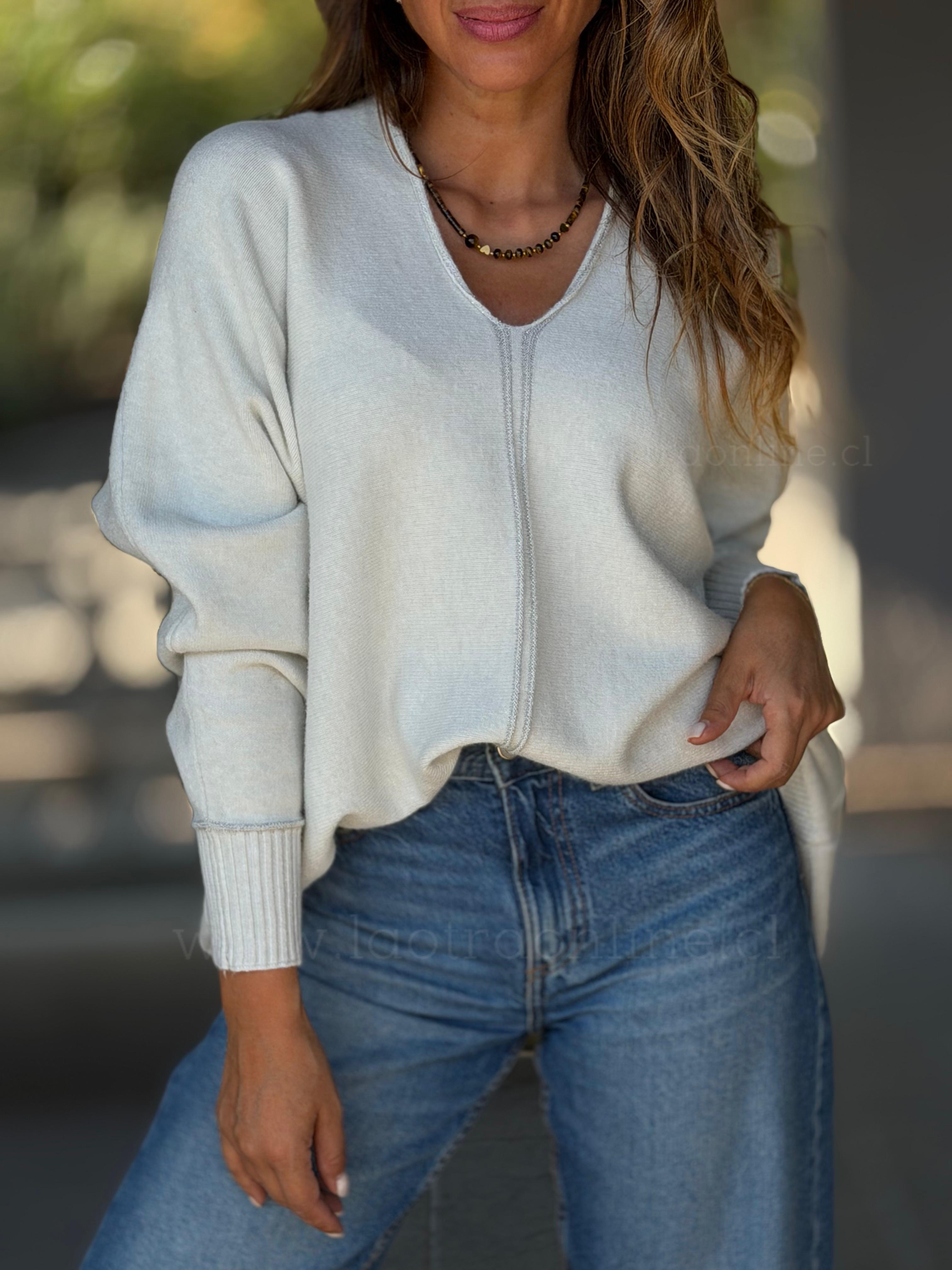 Sweater Cuello V hilo plata crema