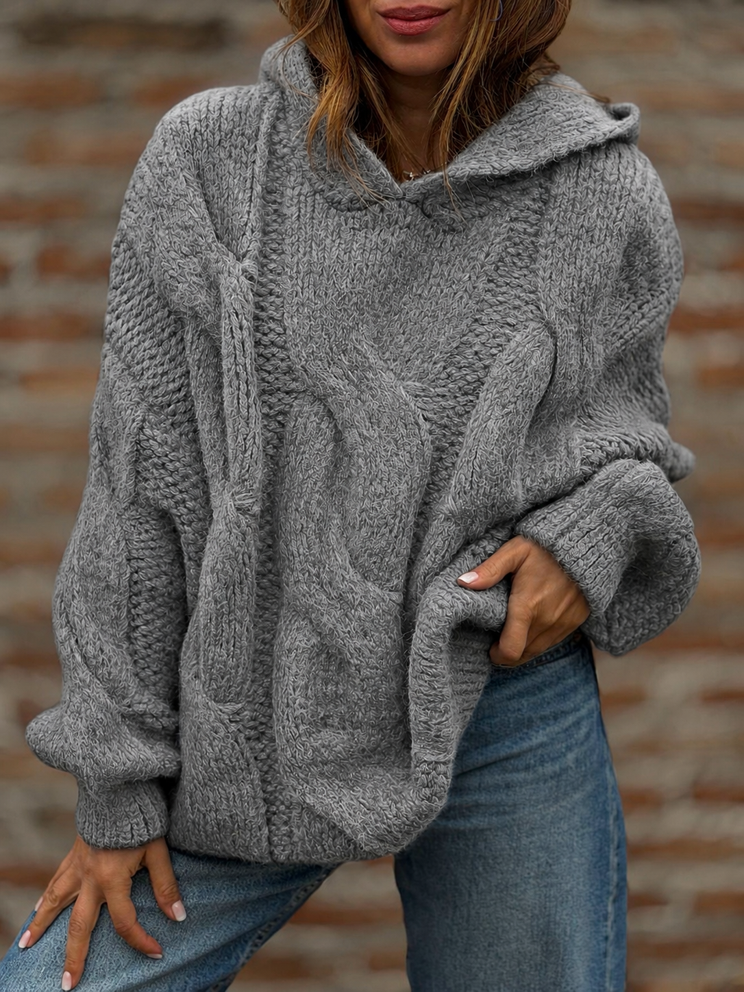 Sweater Canguro trenza gris