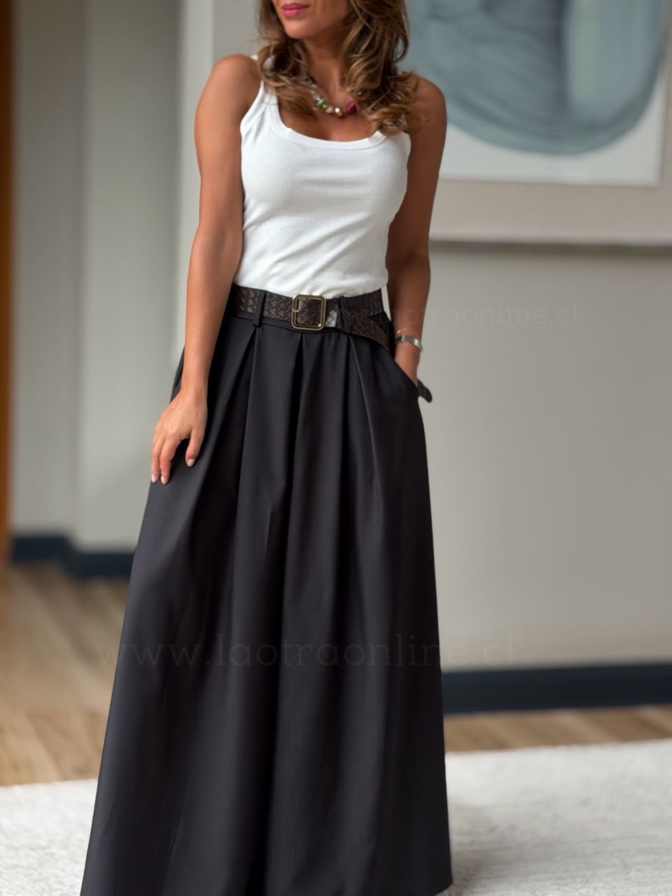 Pantalón Palazzo+cinturón trenza negro