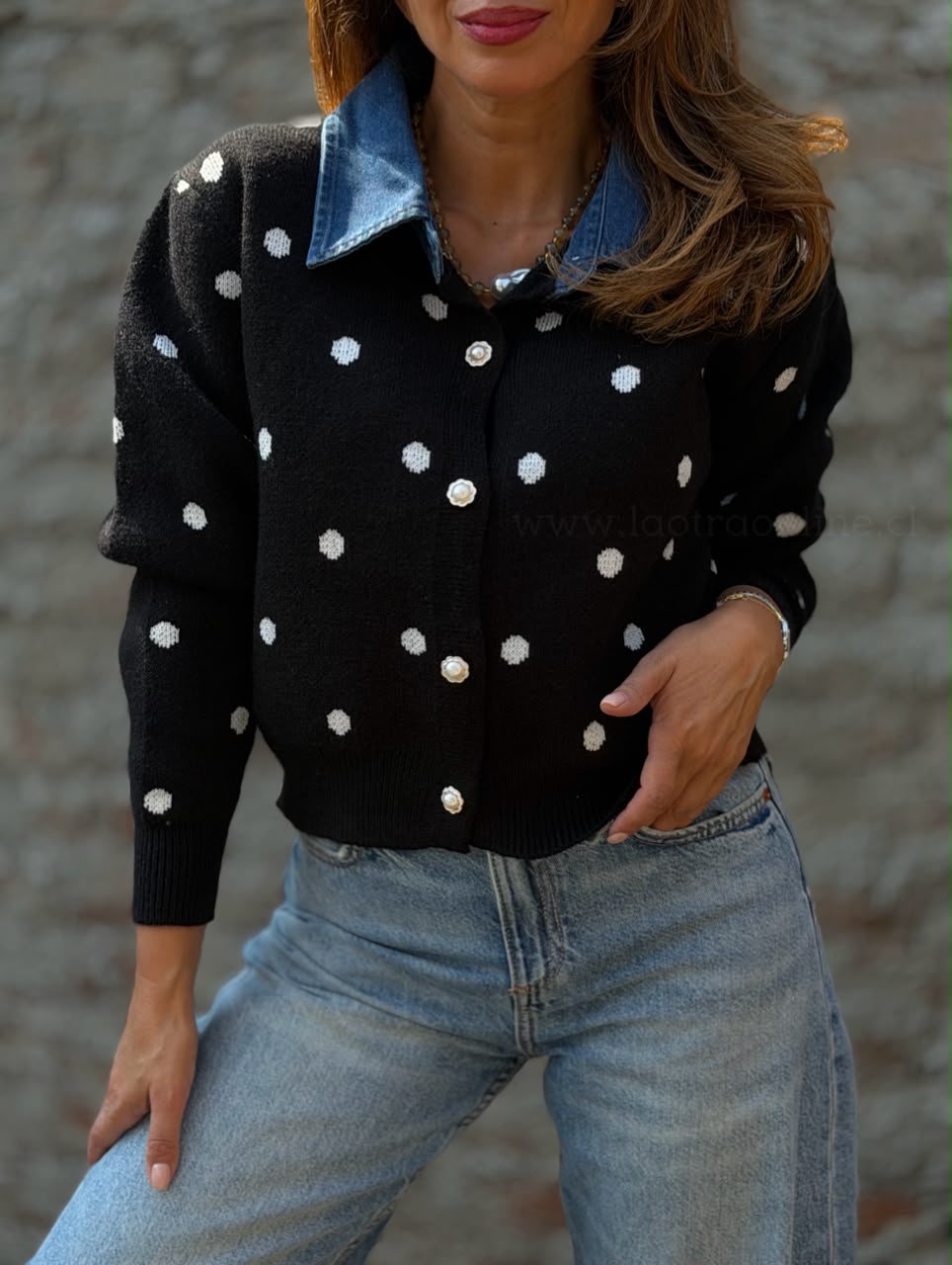 Chaleco Lunar cuello jeans negro