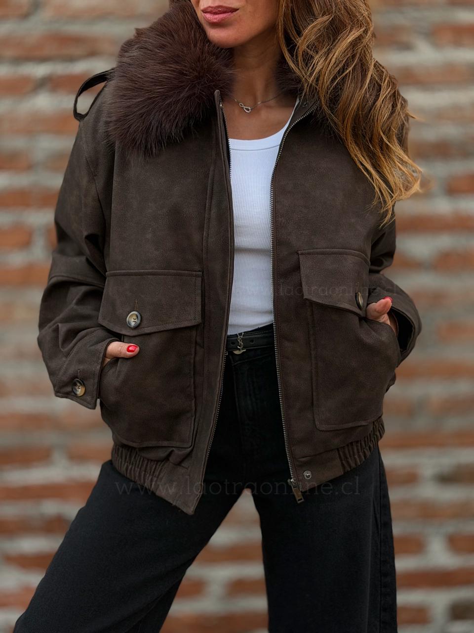 Chaqueta Acolchada simil cuero marron