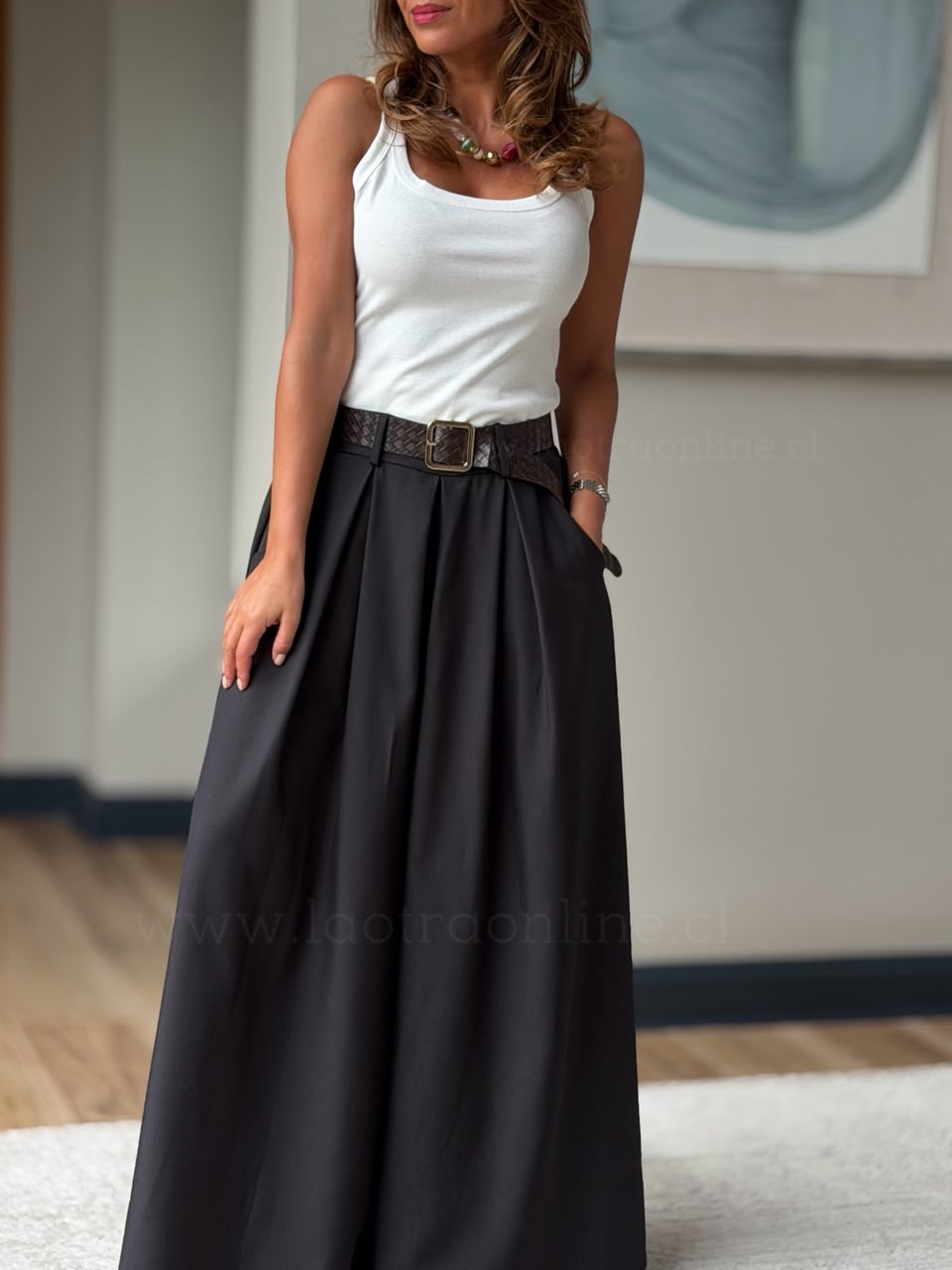 Pantalón Palazzo+cinturón trenza negro
