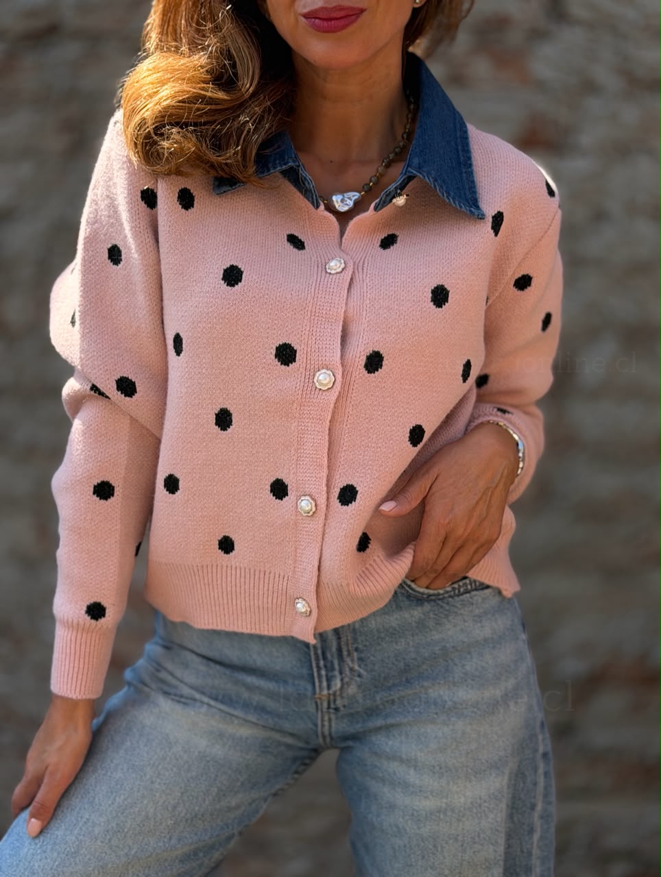 Chaleco Lunar cuello jeans rosa