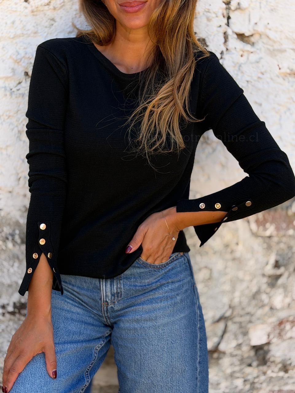 Sweater manga broches negro