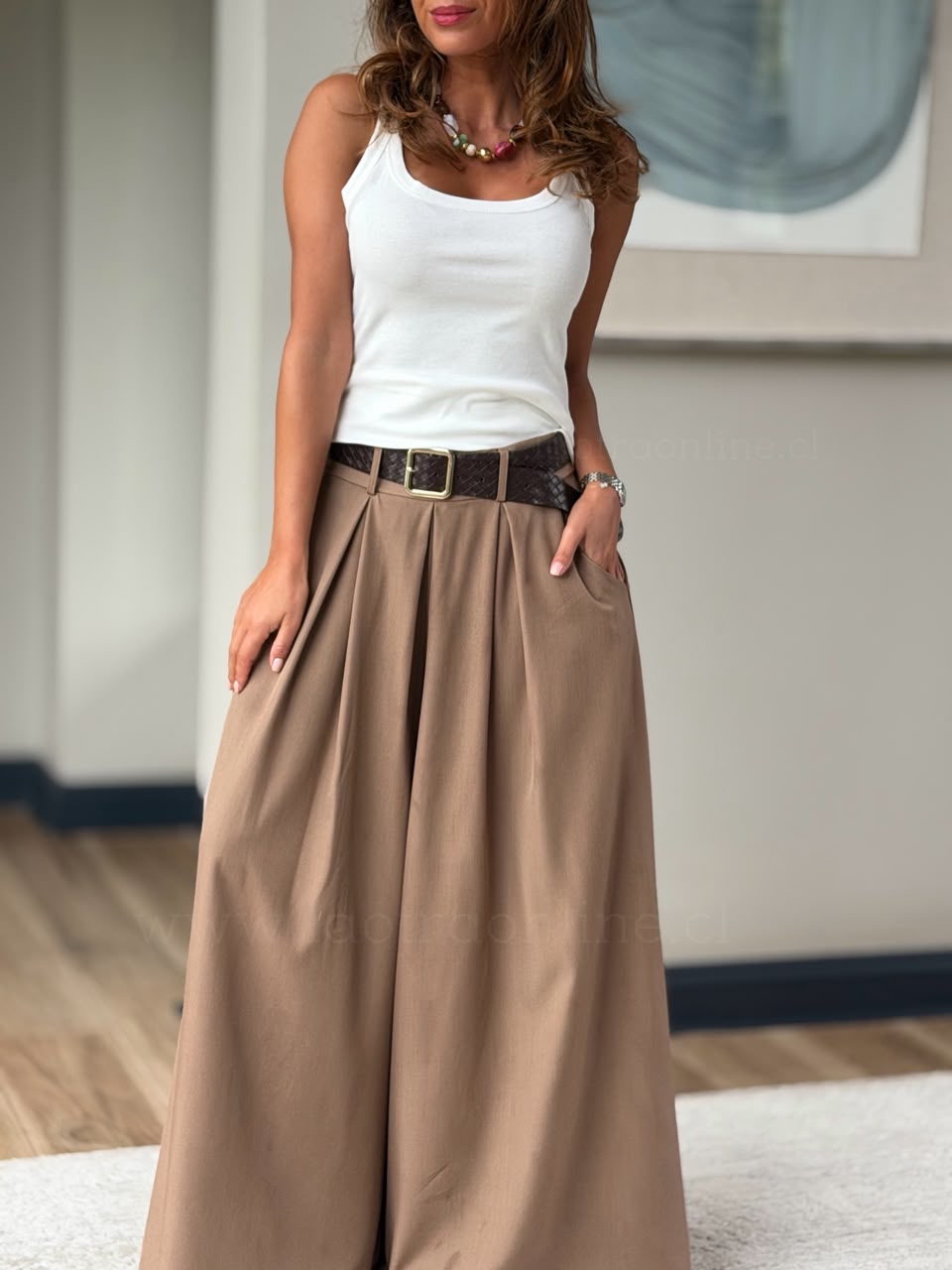 Pantalón Palazzo+cinturón trenza camel