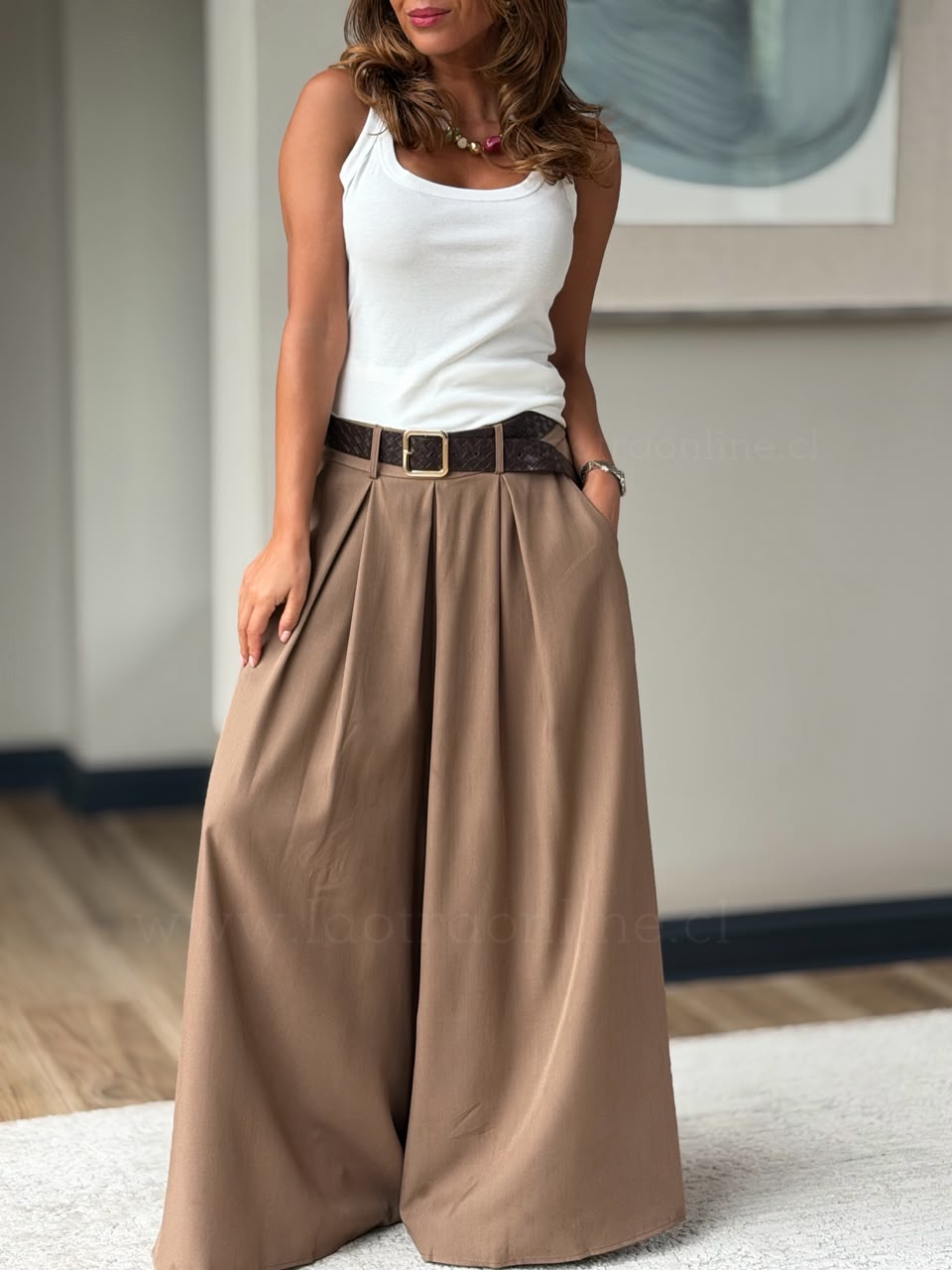 Pantalón Palazzo+cinturón trenza camel