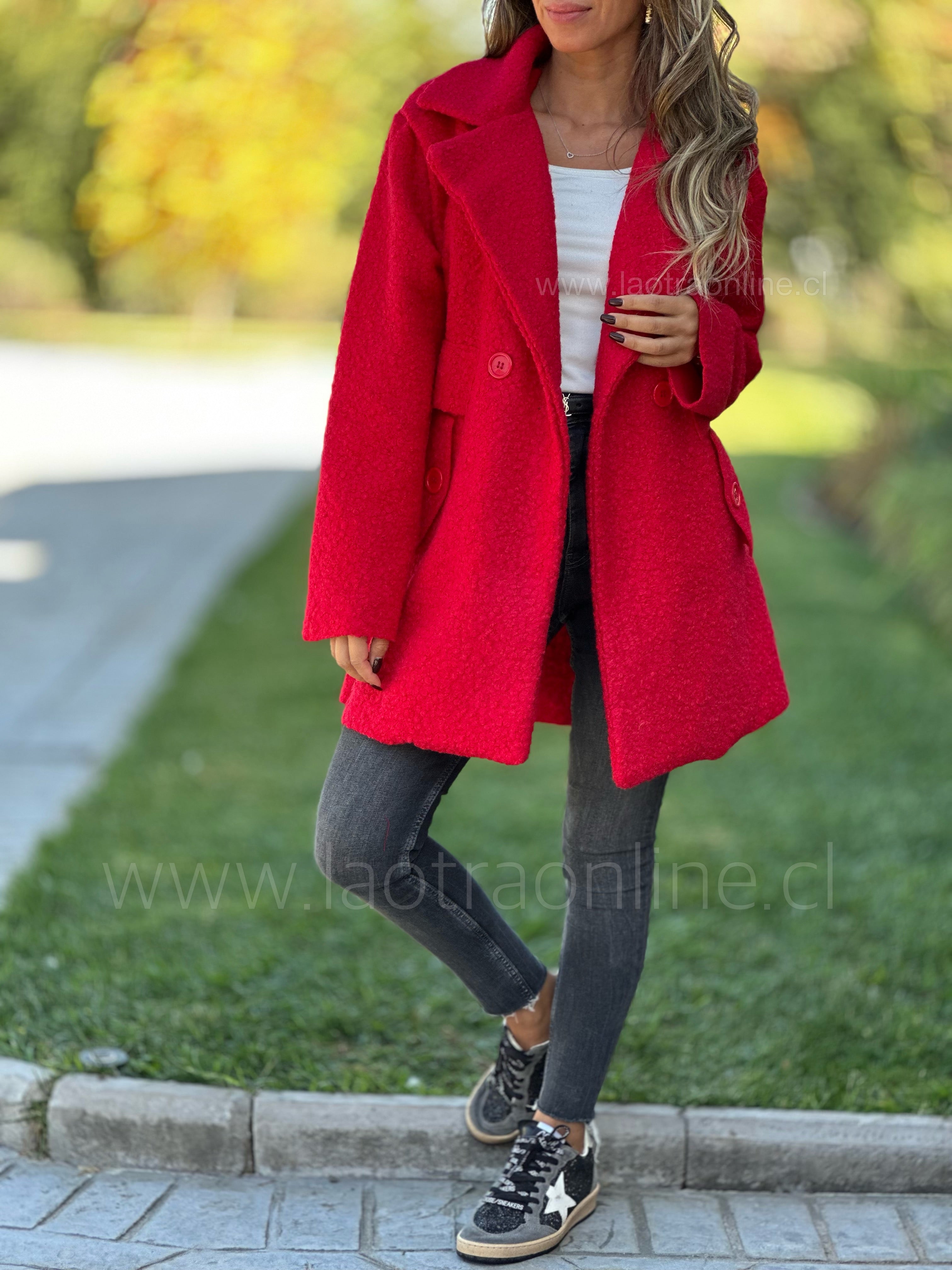 Abrigo Bouclé espalda botones rojo