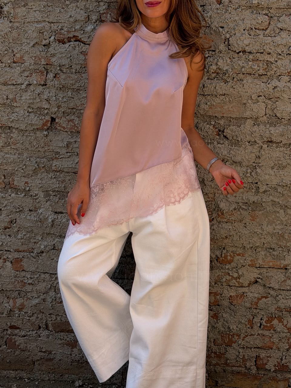 Polera Cuello halter encaje malva
