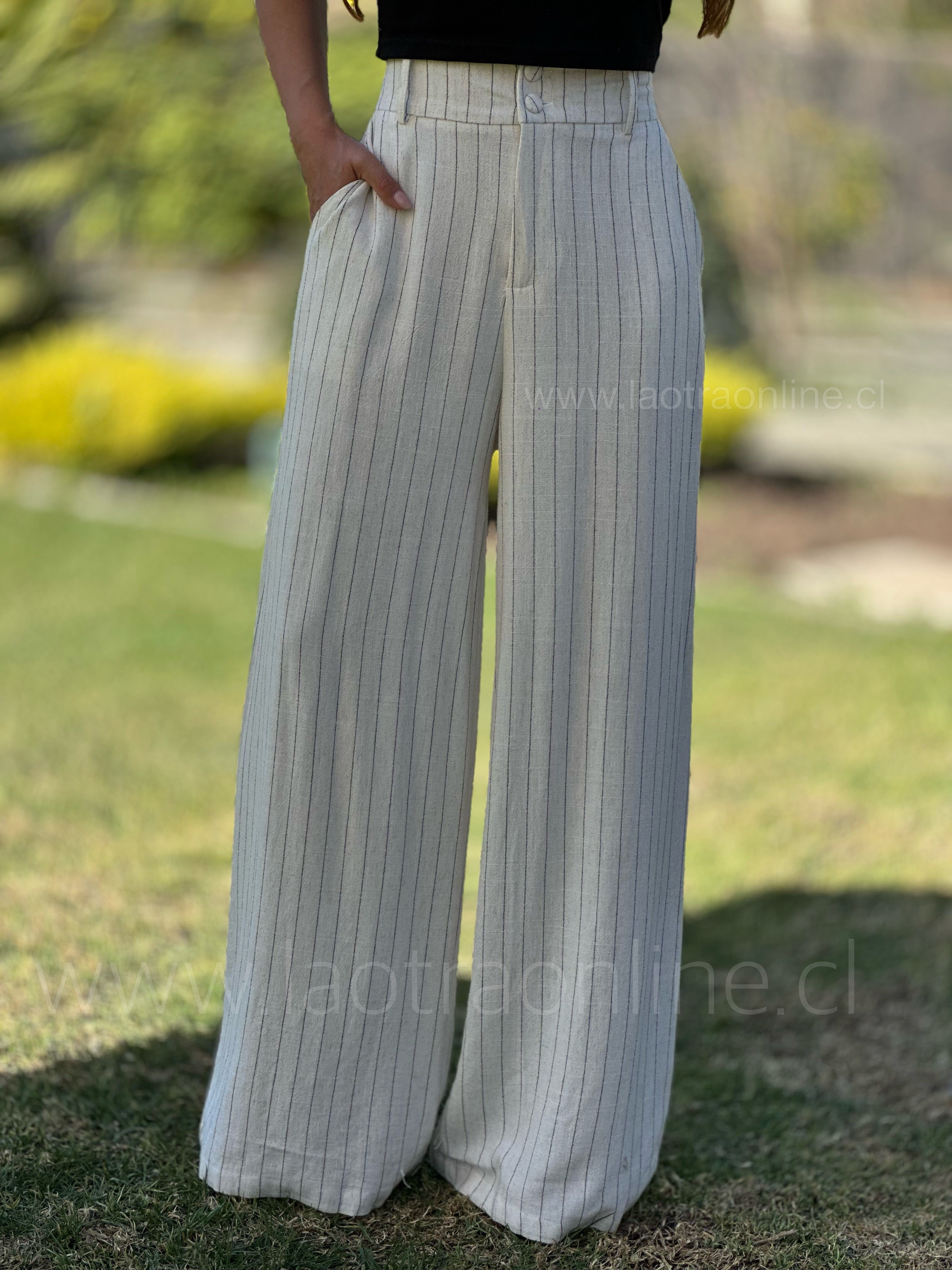 Pantalón lino líneas beige