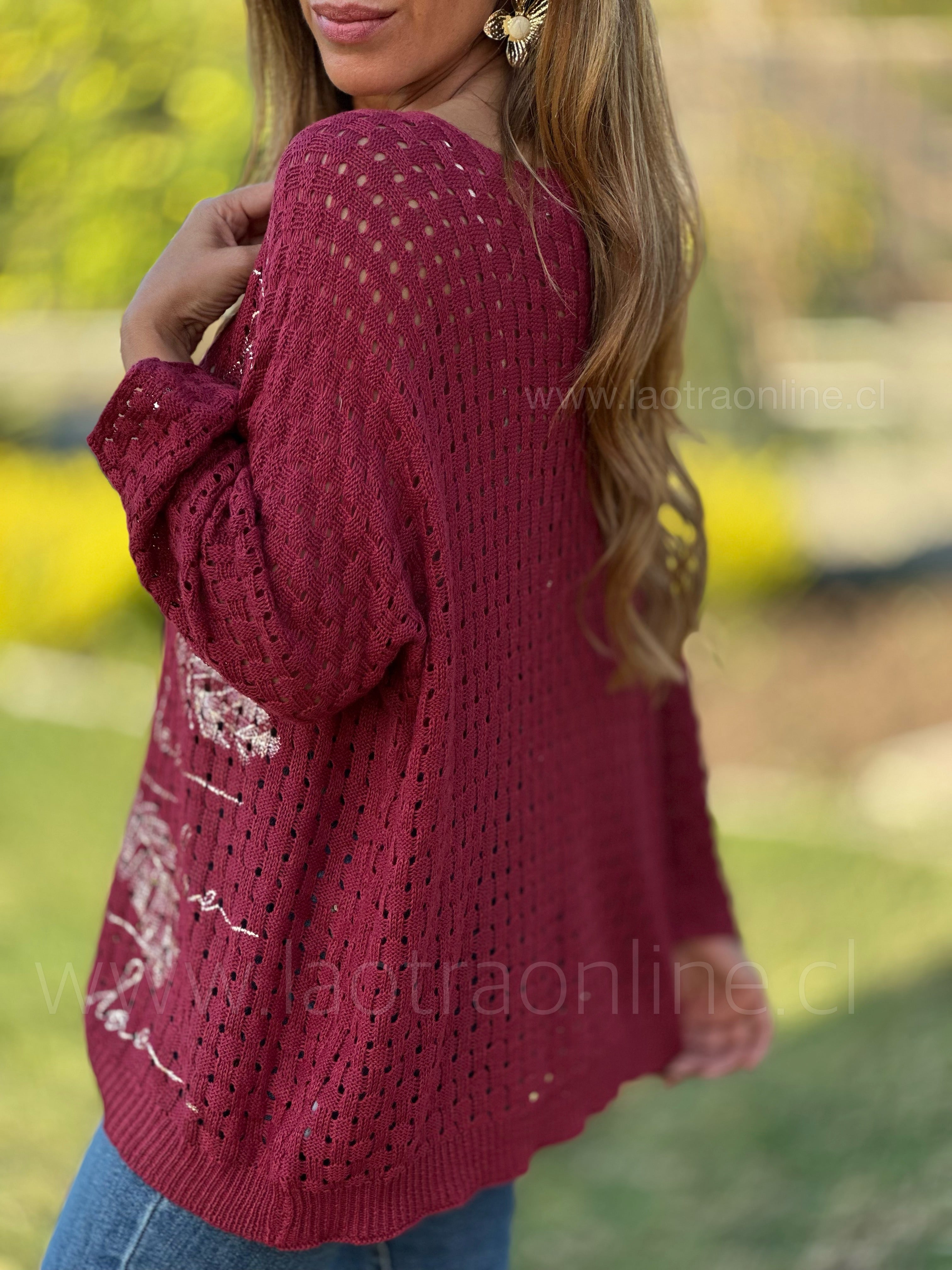 Sweater hojas dorada rojo