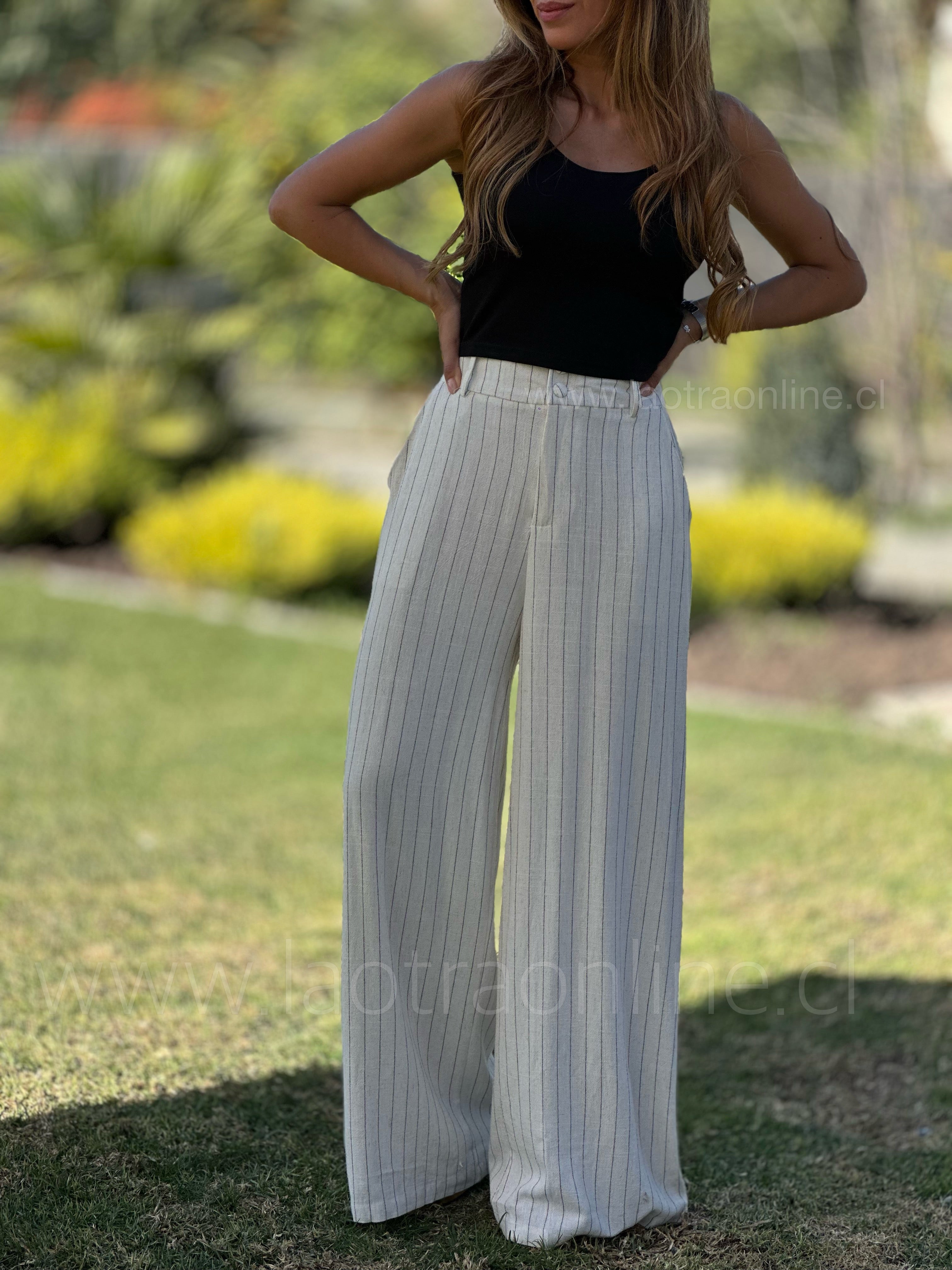 Pantalón lino líneas beige