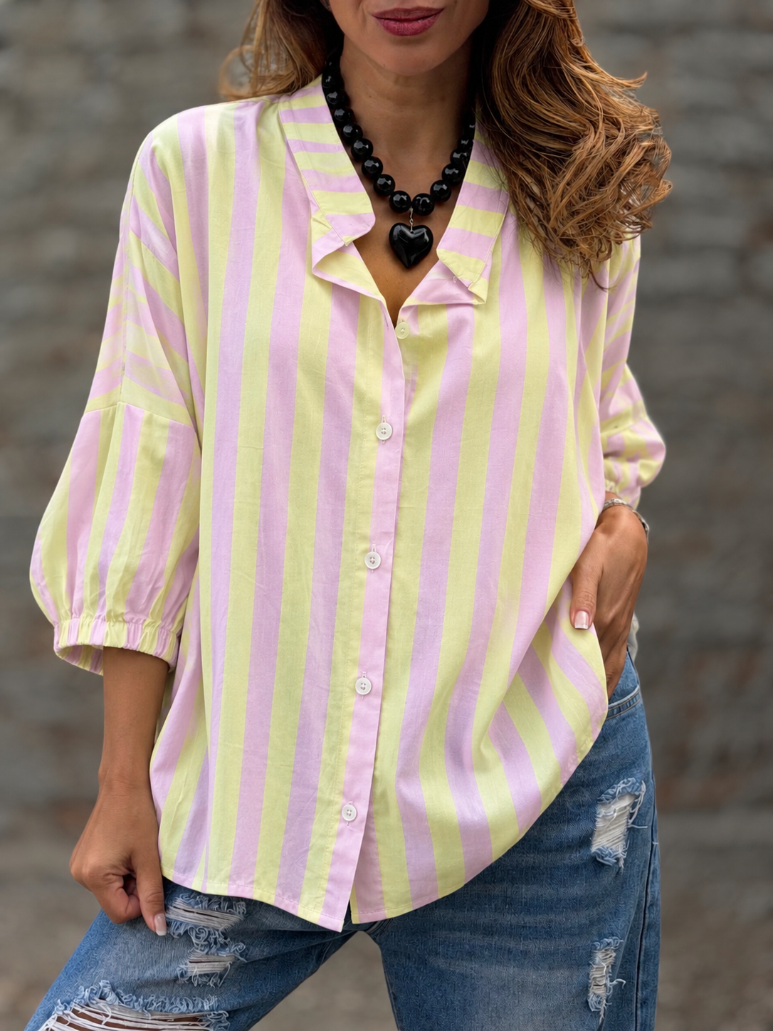 Blusa rayas manga abullonada rosa