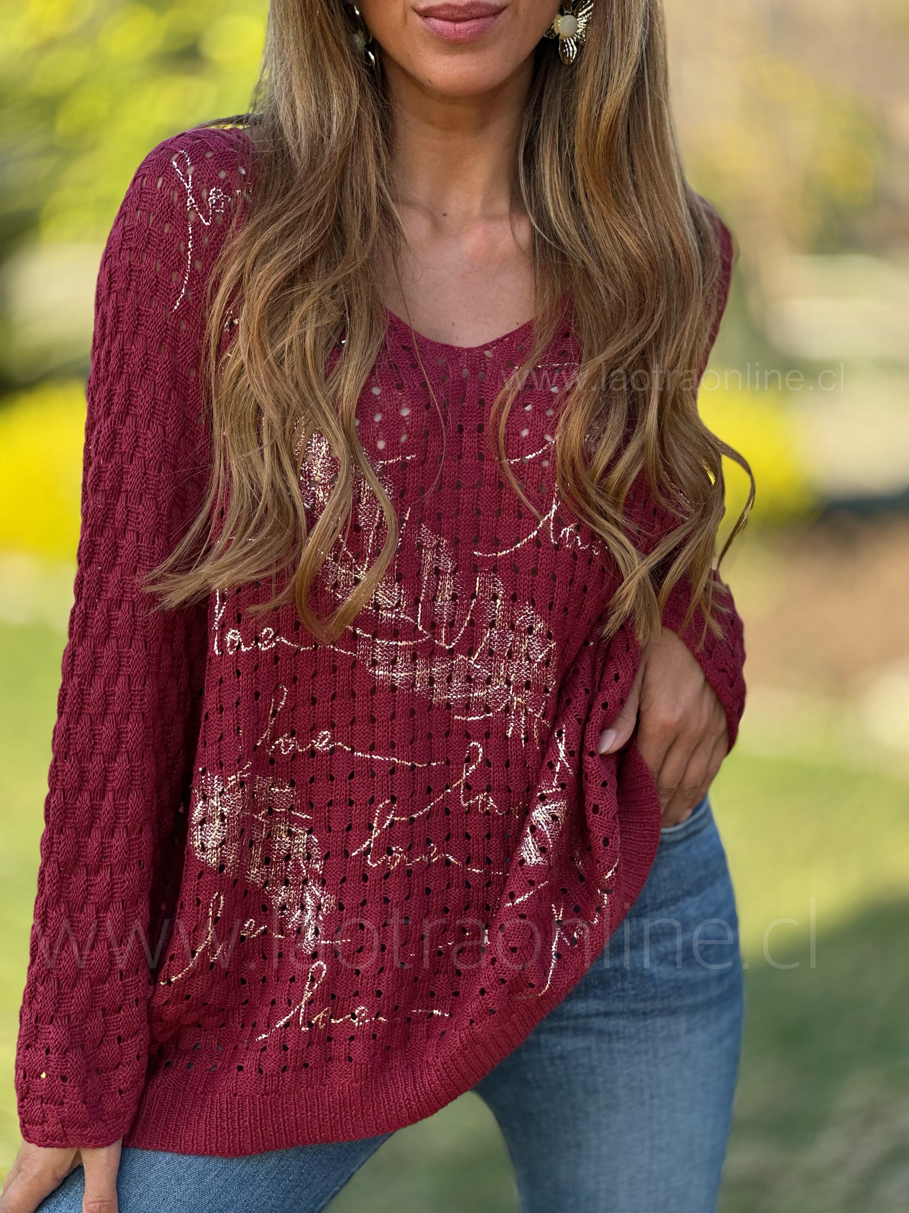 Sweater hojas dorada rojo