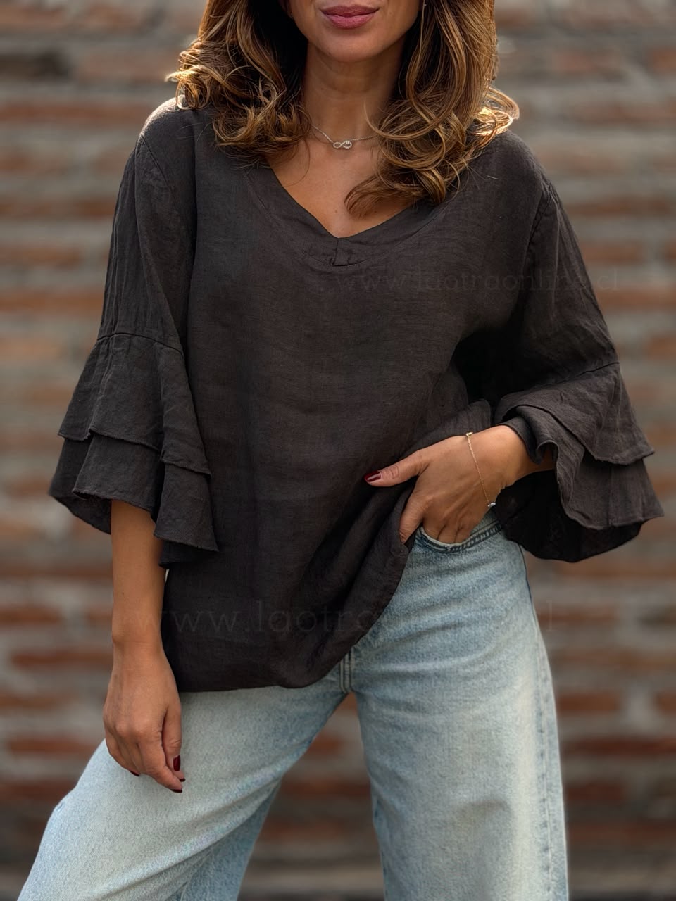 Polera Vuelos puro lino marrón