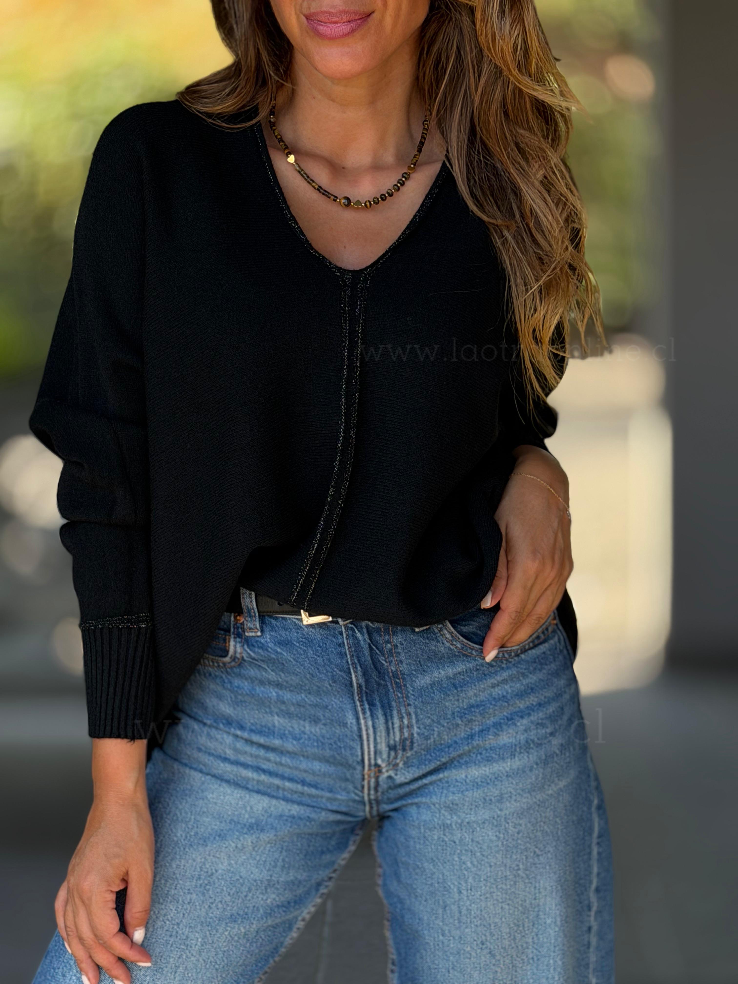 Sweater Cuello V hilo plata negro