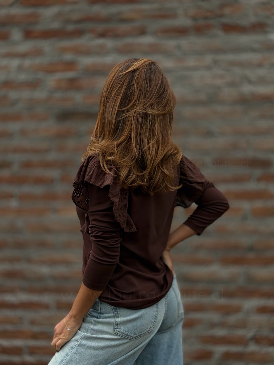 Polera manga Broderie marrón