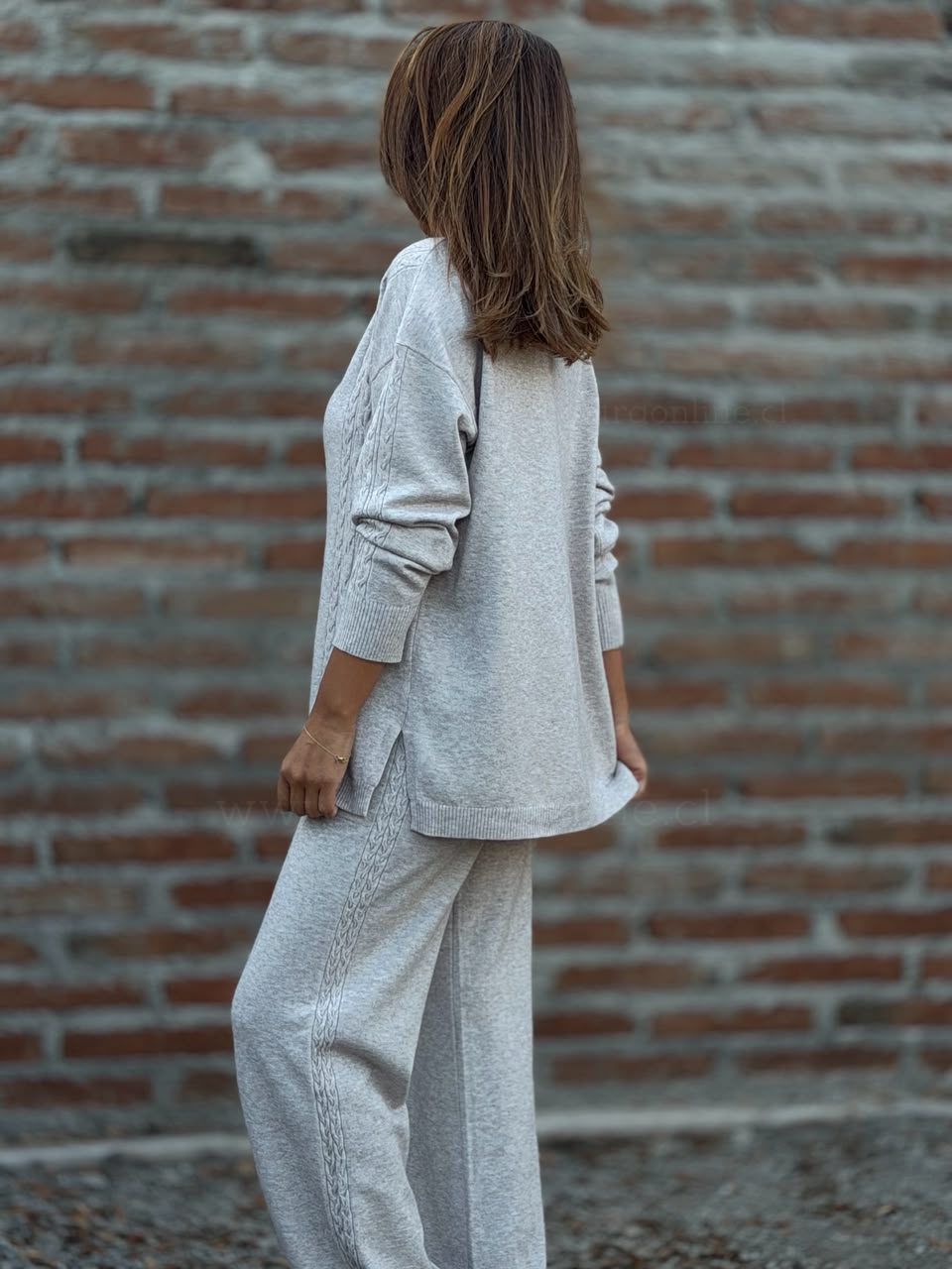 Conjunto Sweater+Pantalón tejido gris/arena