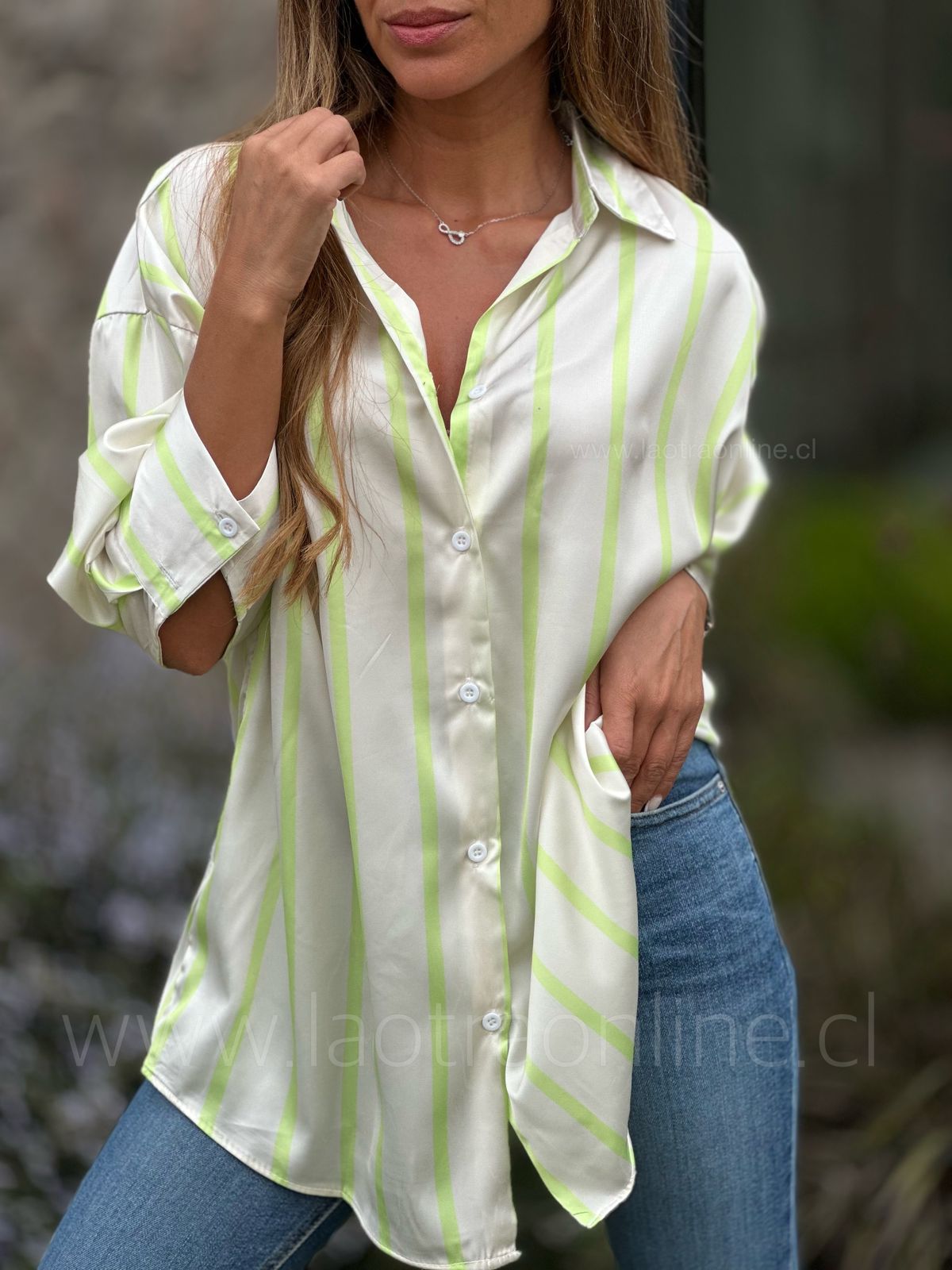 Blusa fibra de seda rayas verde