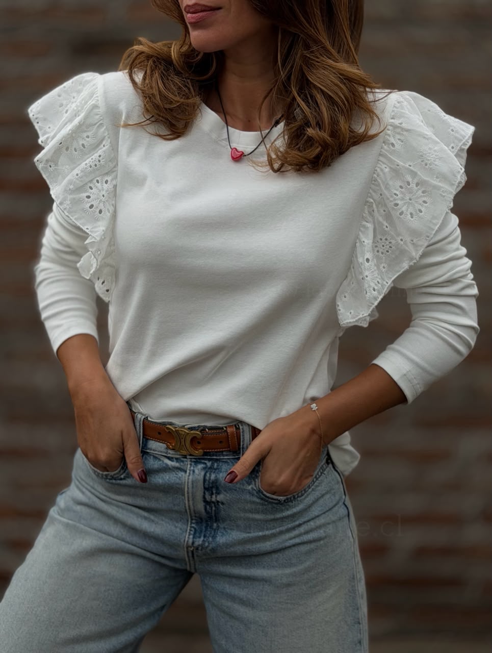 Polera manga Broderie blanco