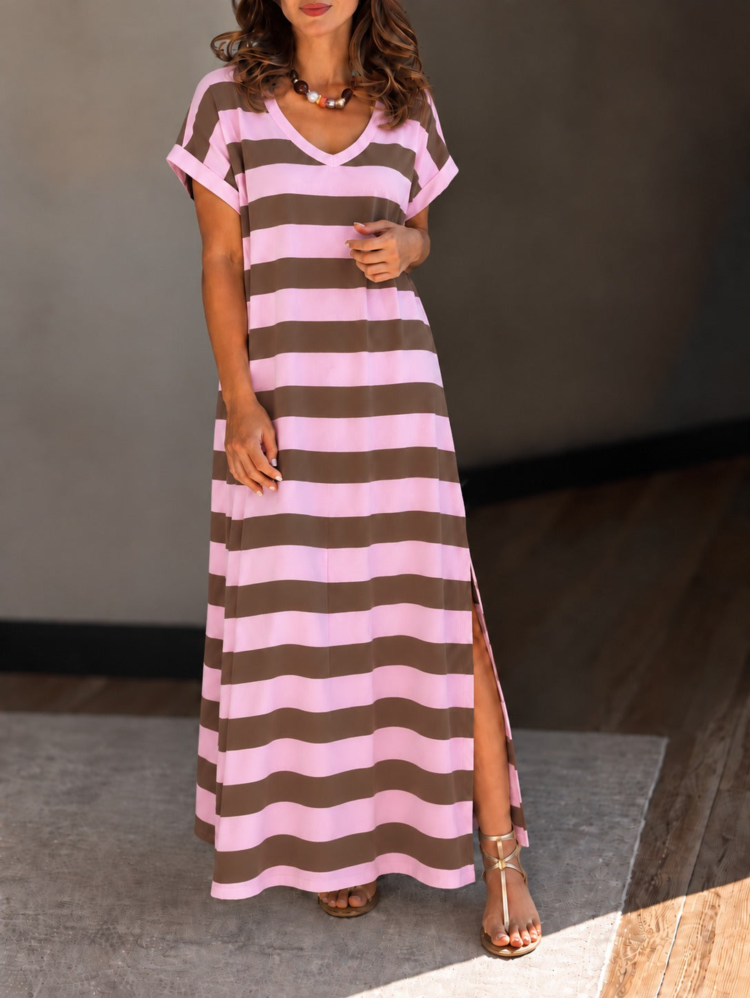 Vestido Rayas camel/rosa
