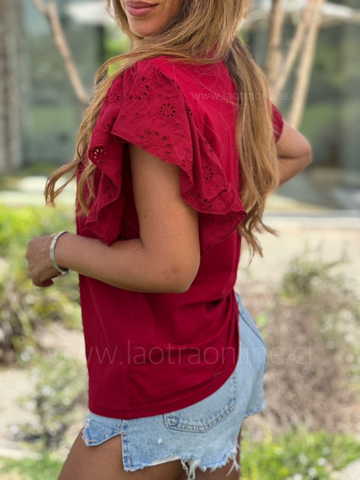 Polera manga broderie cherry