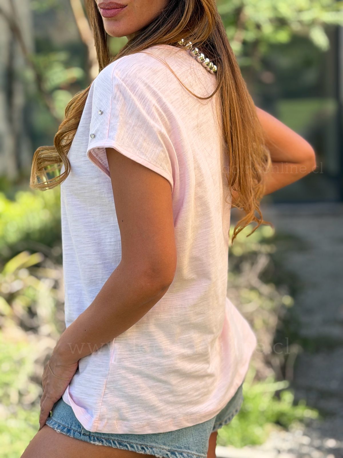 Polera manga brillo rosa