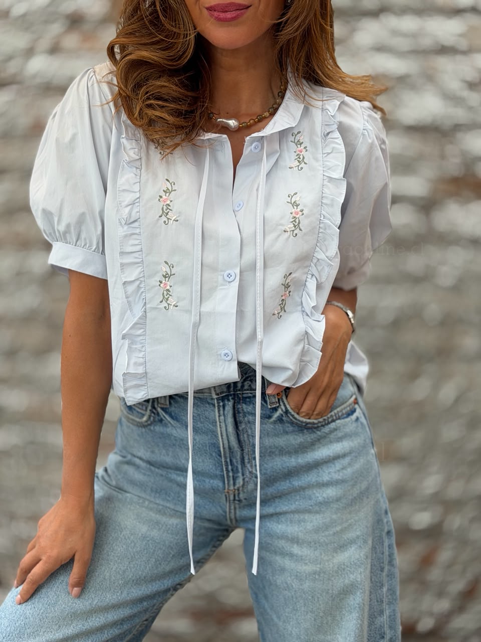 Blusa popelin bordada celeste