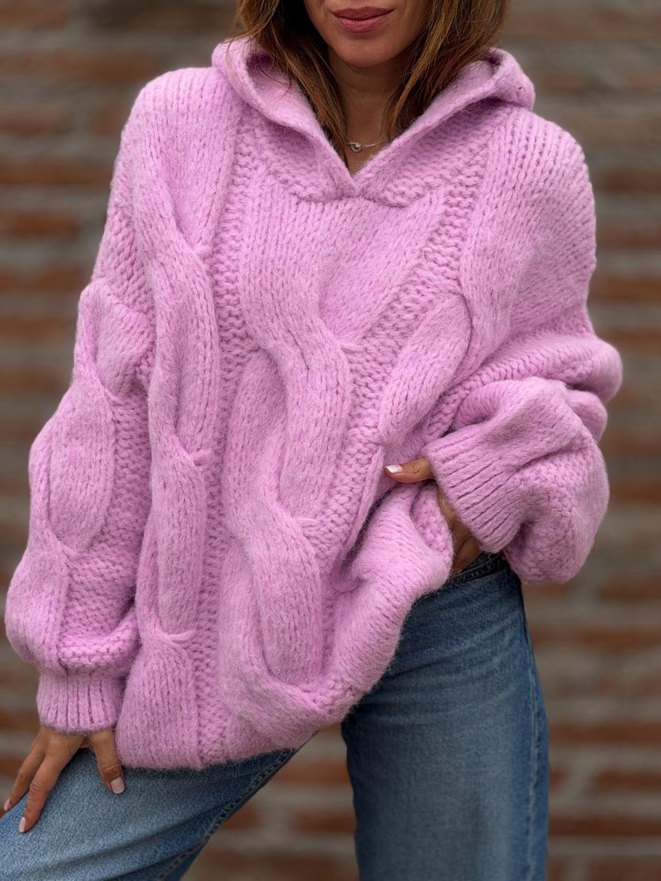 Sweater Canguro trenza rosa