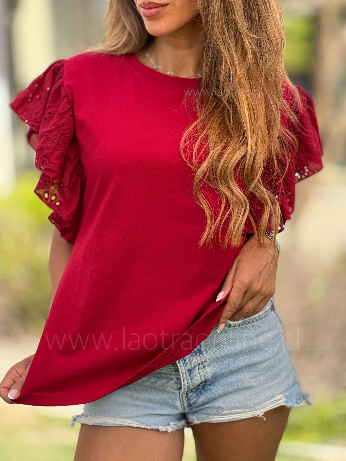 Polera manga broderie cherry