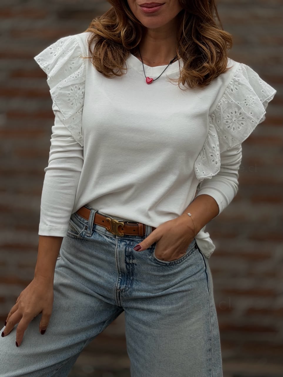 Polera manga Broderie blanco