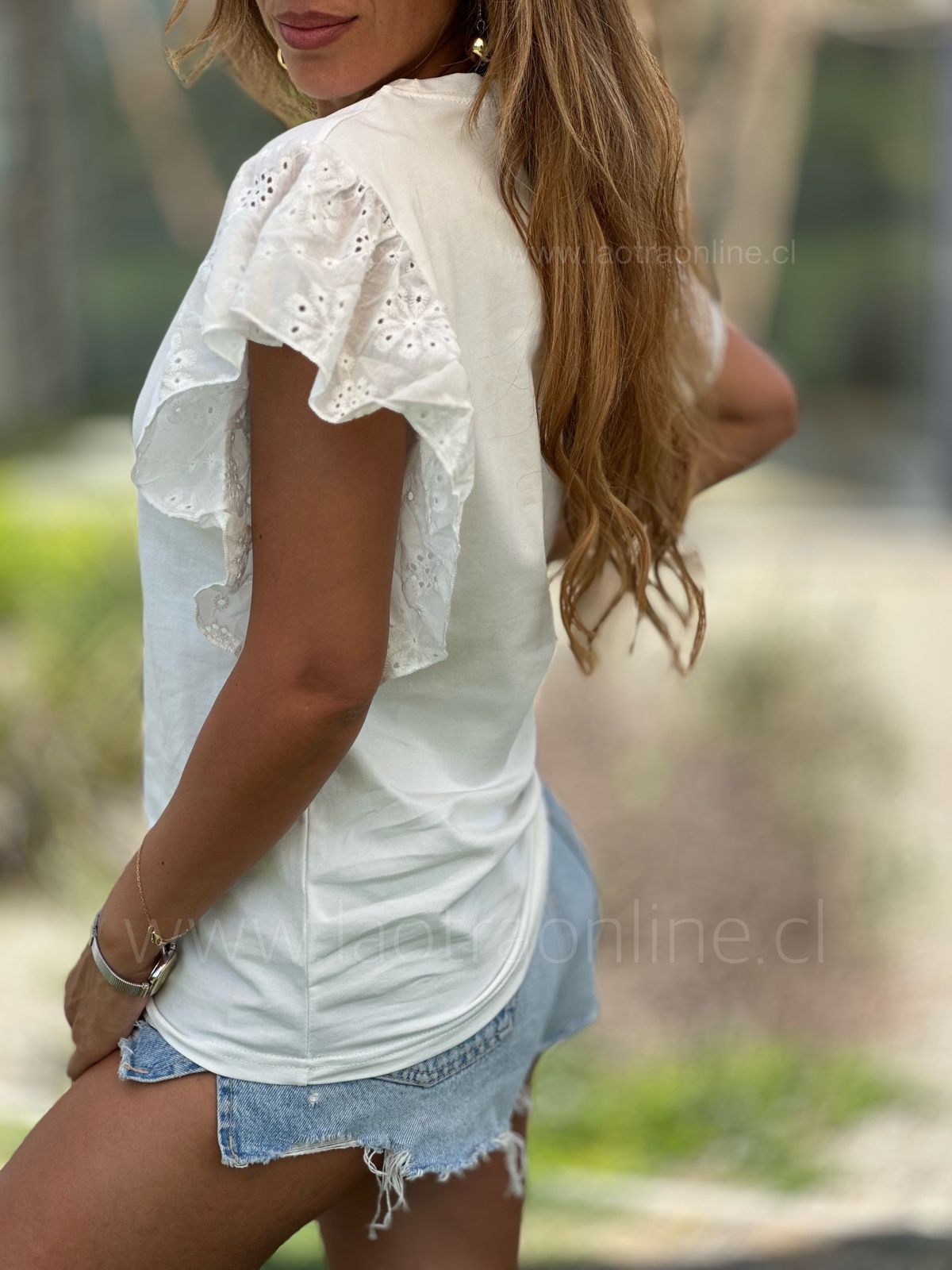 Polera manga broderie blanco