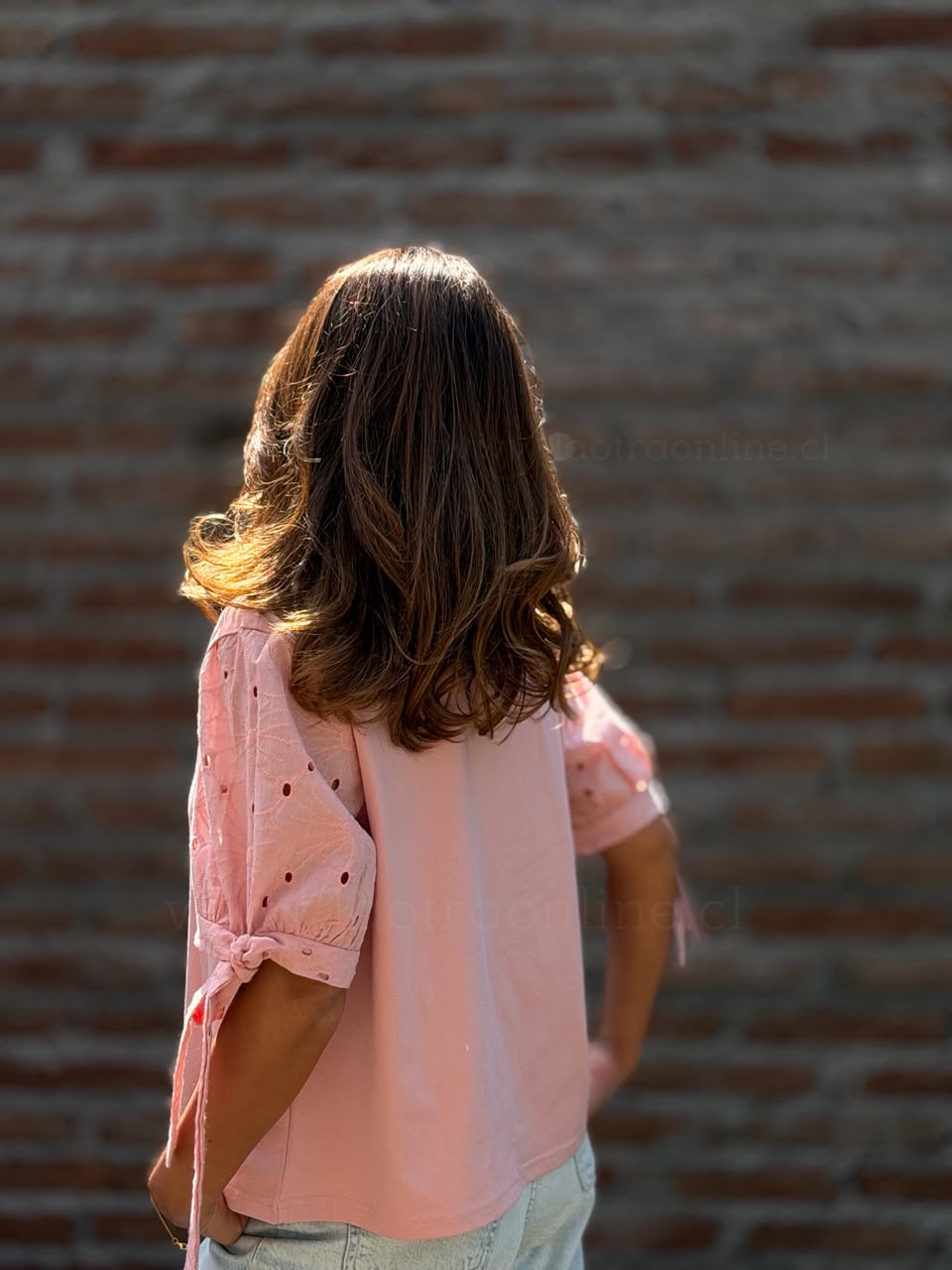 Polera manga bordada rosa