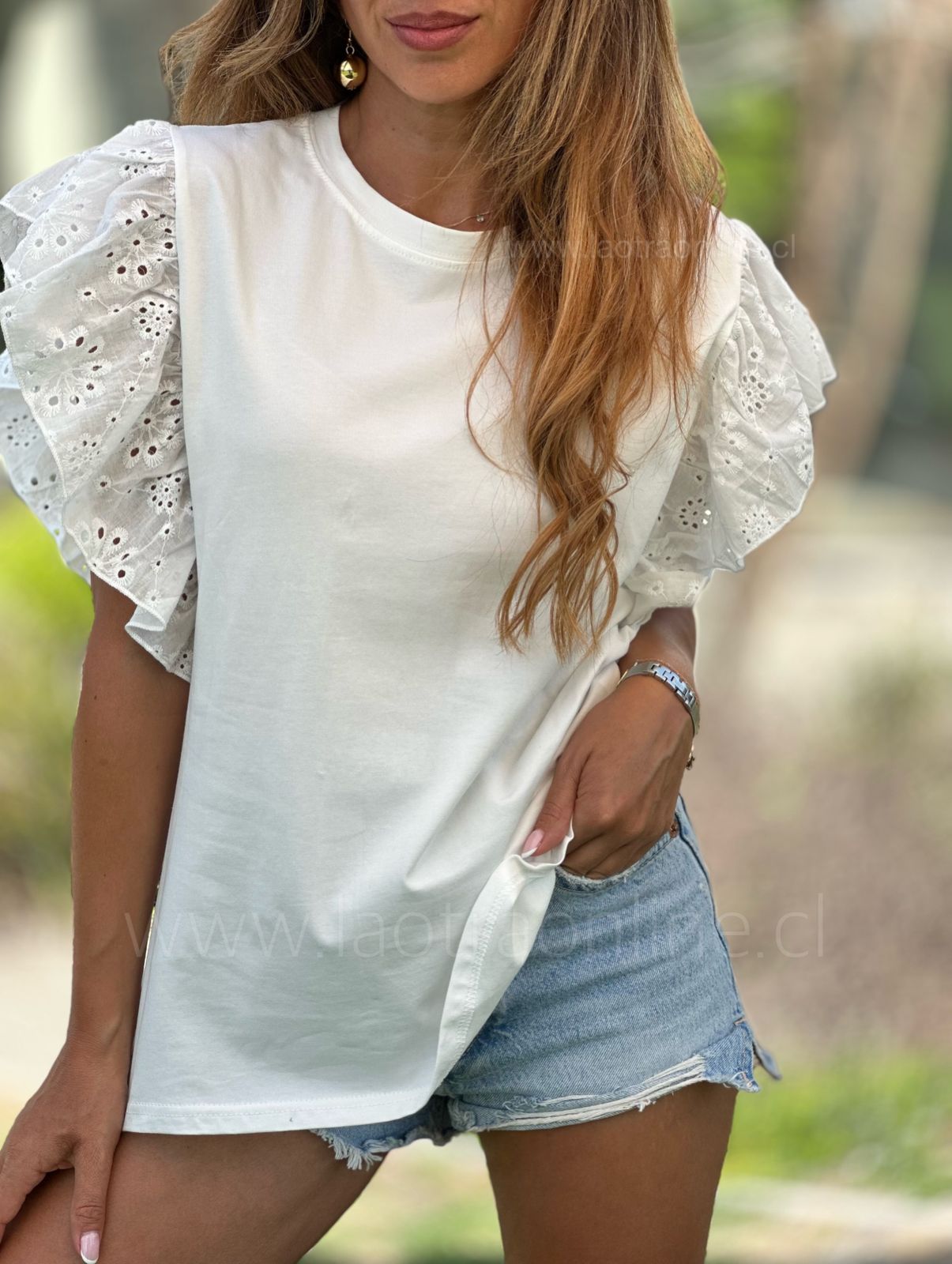 Polera manga broderie blanco