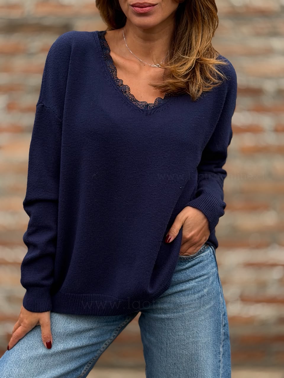 Básico cuello Encaje azul