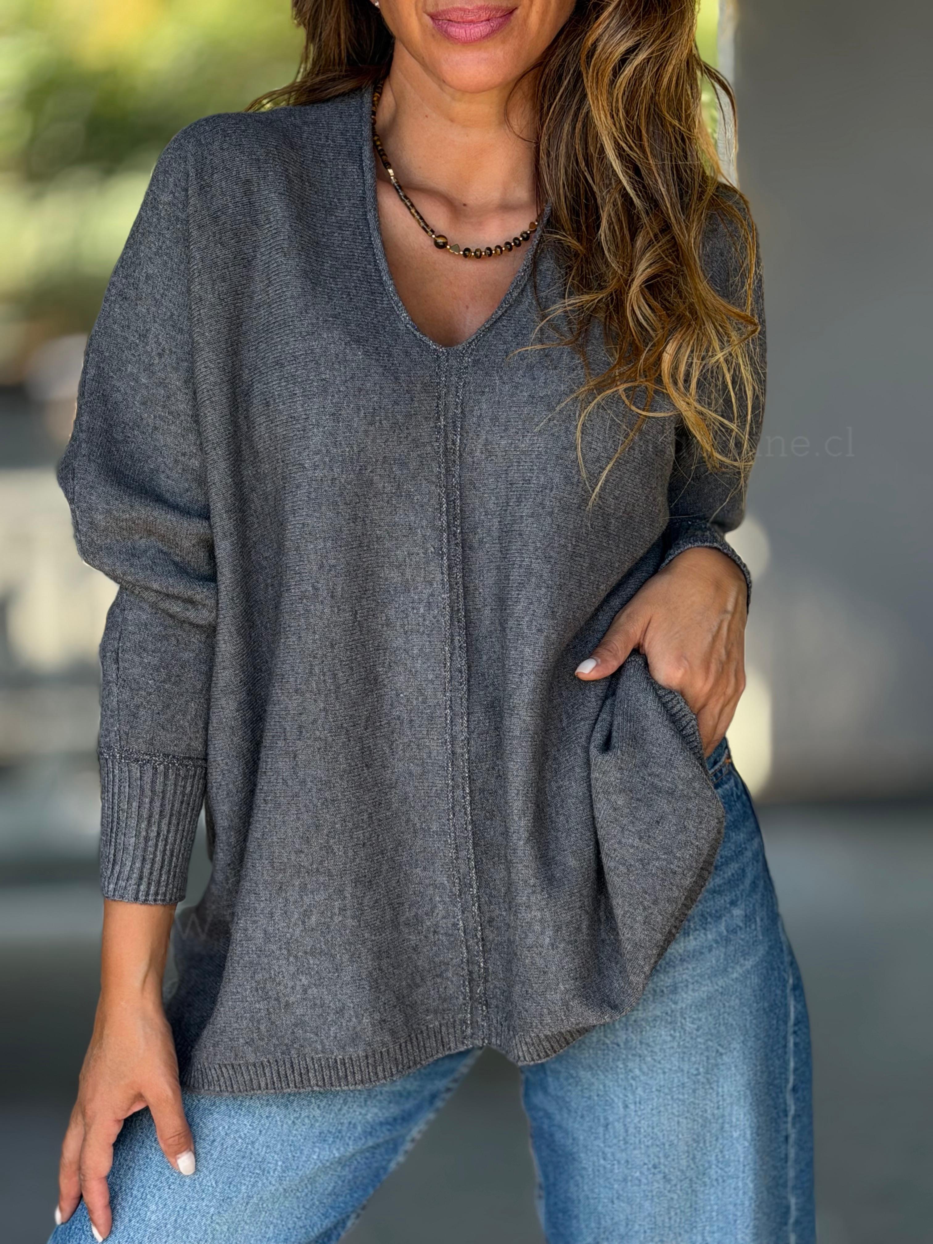 Sweater Cuello V hilo plata gris oscuro