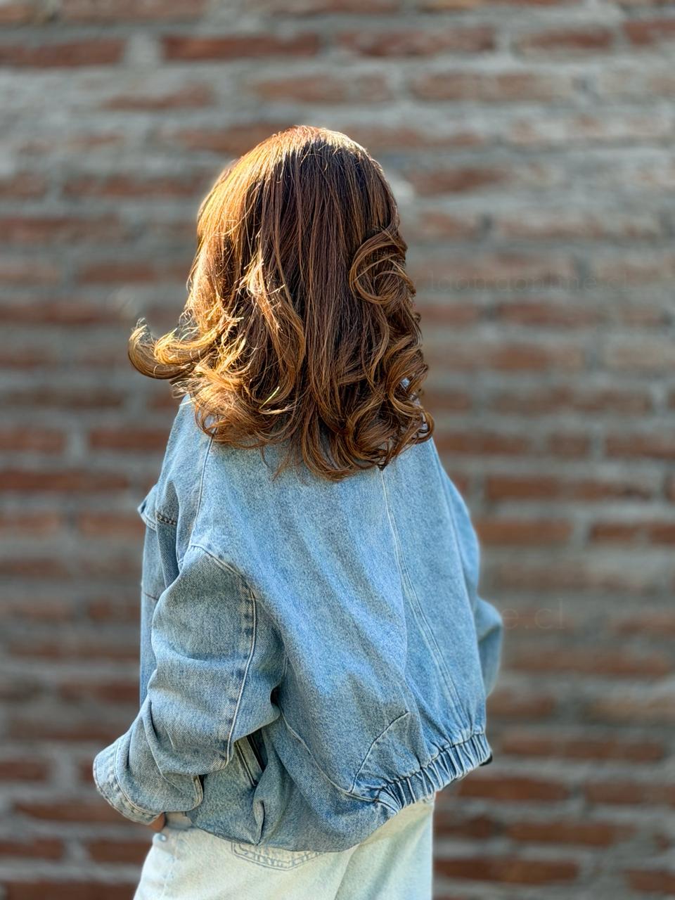 Chaqueta mezclilla efecto globo celeste