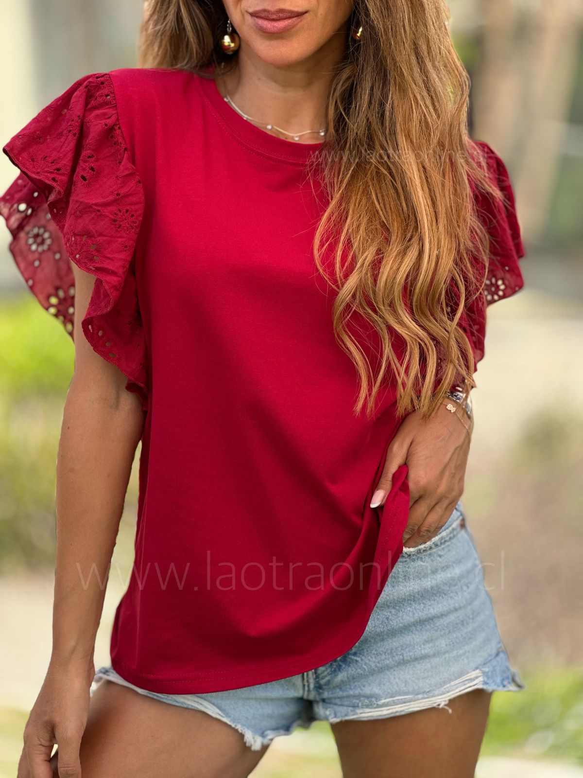Polera manga broderie cherry